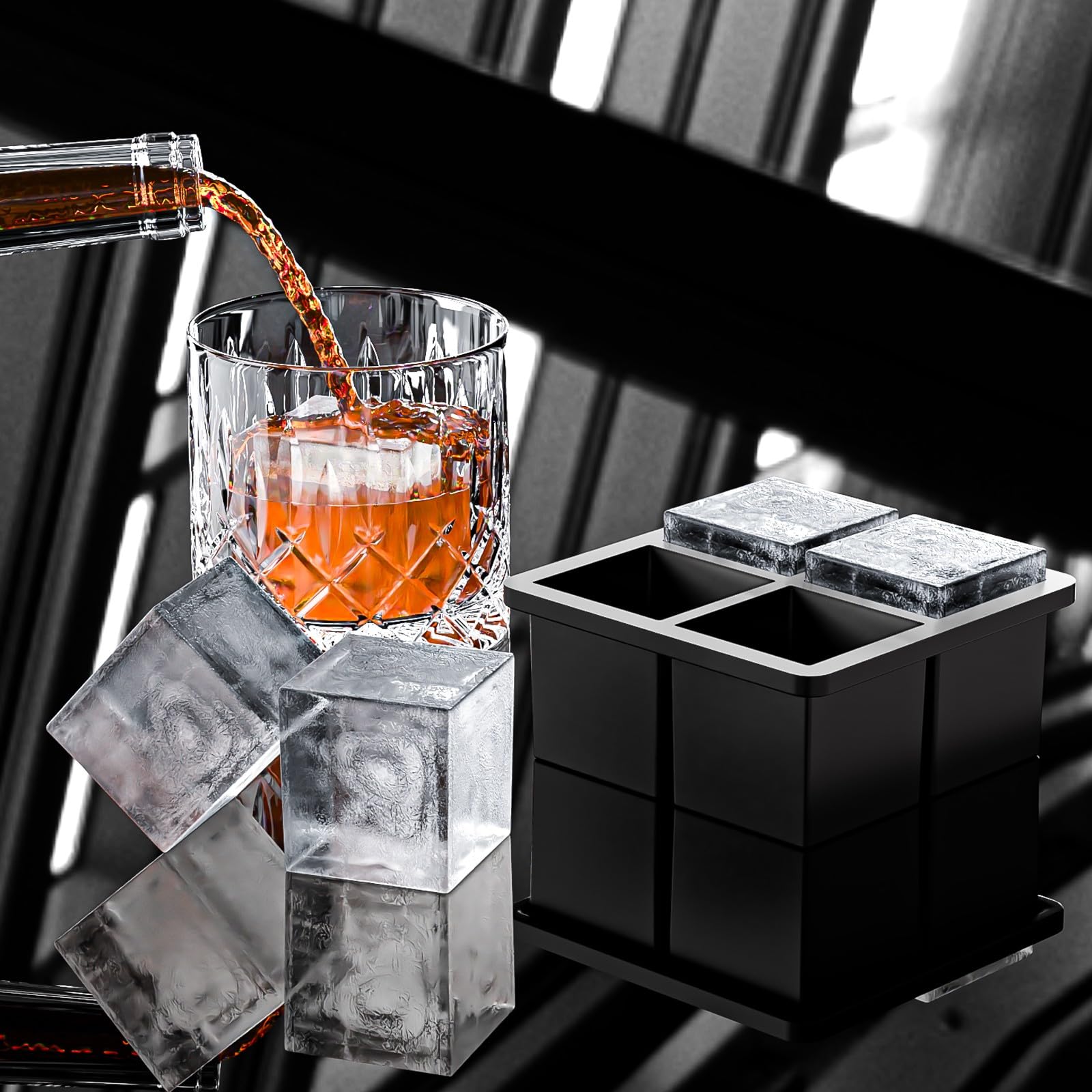 Bangp Große Eiswürfelform für Whiskey, Silikon-Eiswürfelformen, 2 Stück, große Eiswürfelformen mit auslaufsicherem, abnehmbarem Deckel, quadratische Eiswürfelform für Whisky und Cocktail