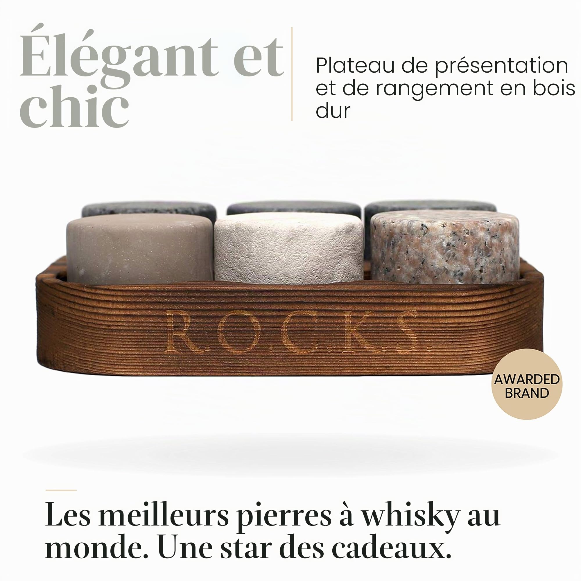 Pierres à Whisky - Set de 6 Pierres Artisanales Rondes en Granit Naturel - Support de Présentation et Rangement en Bois - Parfait Cadeau par R.O.C.K.S.