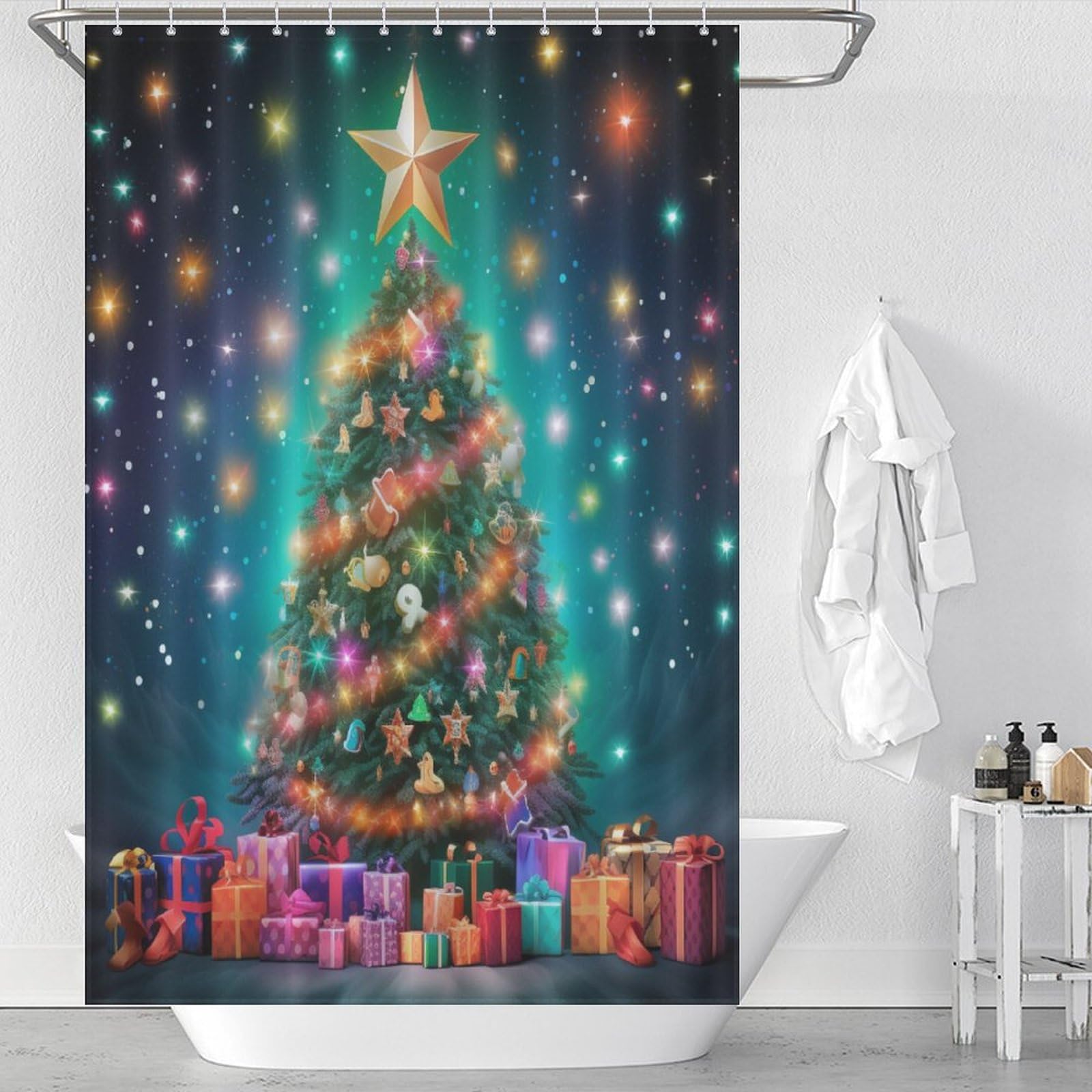 Christmas Tree Shower Curtains, Waterproof Shower Curtain Bathroom Curtains, With 12 White Plastic Hooks, 48x72Inch（122x183cm）