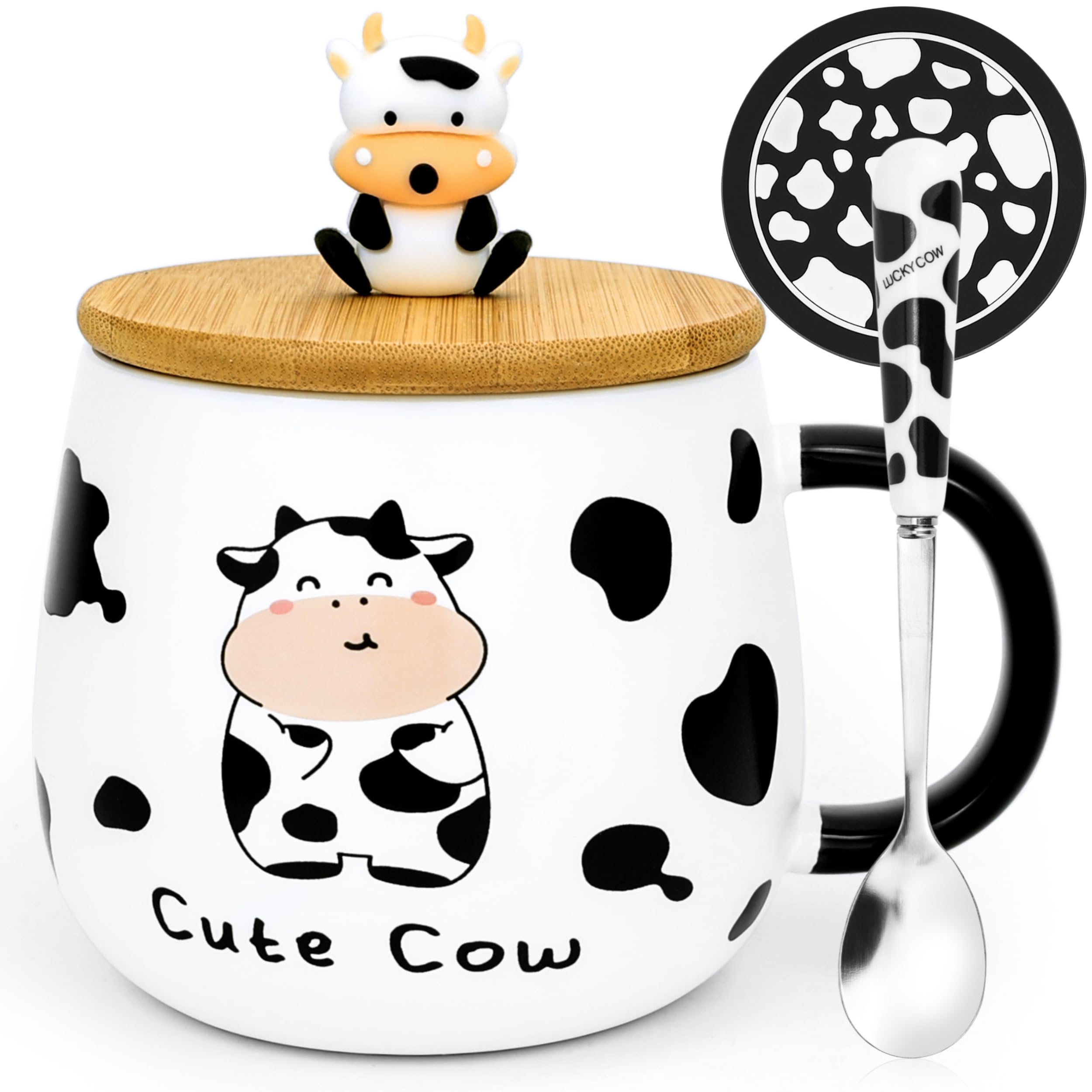 Cute Cow Coffe Mugs Gift with Lid and Spoon Cows Print Stuff Kitchen Decor 400ml Cow Ceramic Tea Coffee Mug Kawaii 3D Animal Cup Birthday Gifts Women Men Girls Animals Lovers
