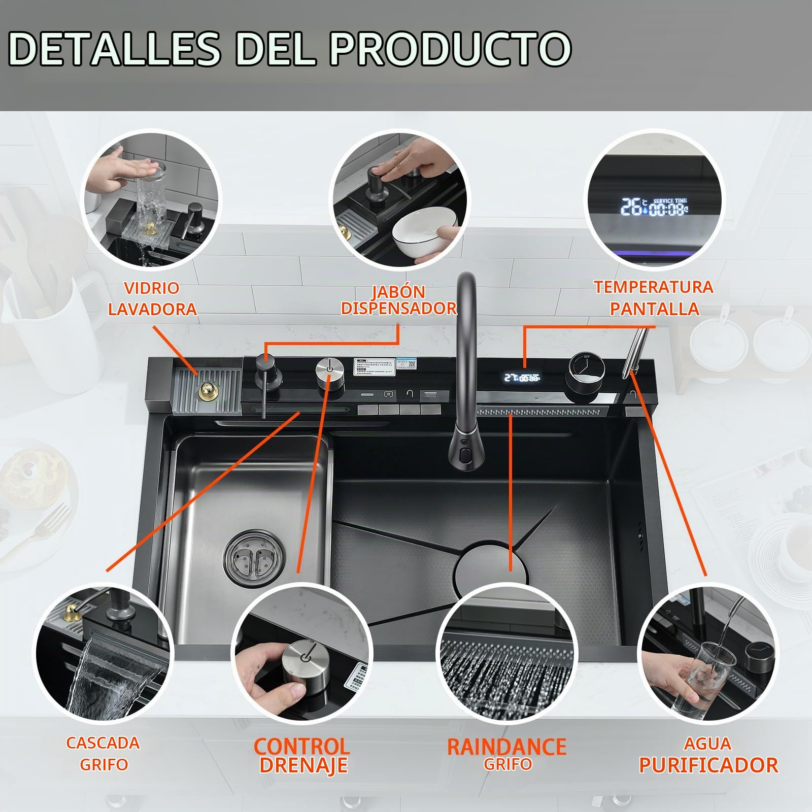 Fregadero Cocina Multifuncional 1 Seno Negro 80x45 cm | Fregadero Cascada en Acero Inoxidable 304, Grifo Extraíble y Grifo Filtrante, Tabla de Cortar y Accesorios Completos