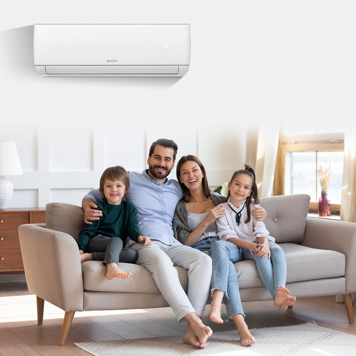 Antifir Mini Split indoor unit installed on a wall above a sofa in a living room