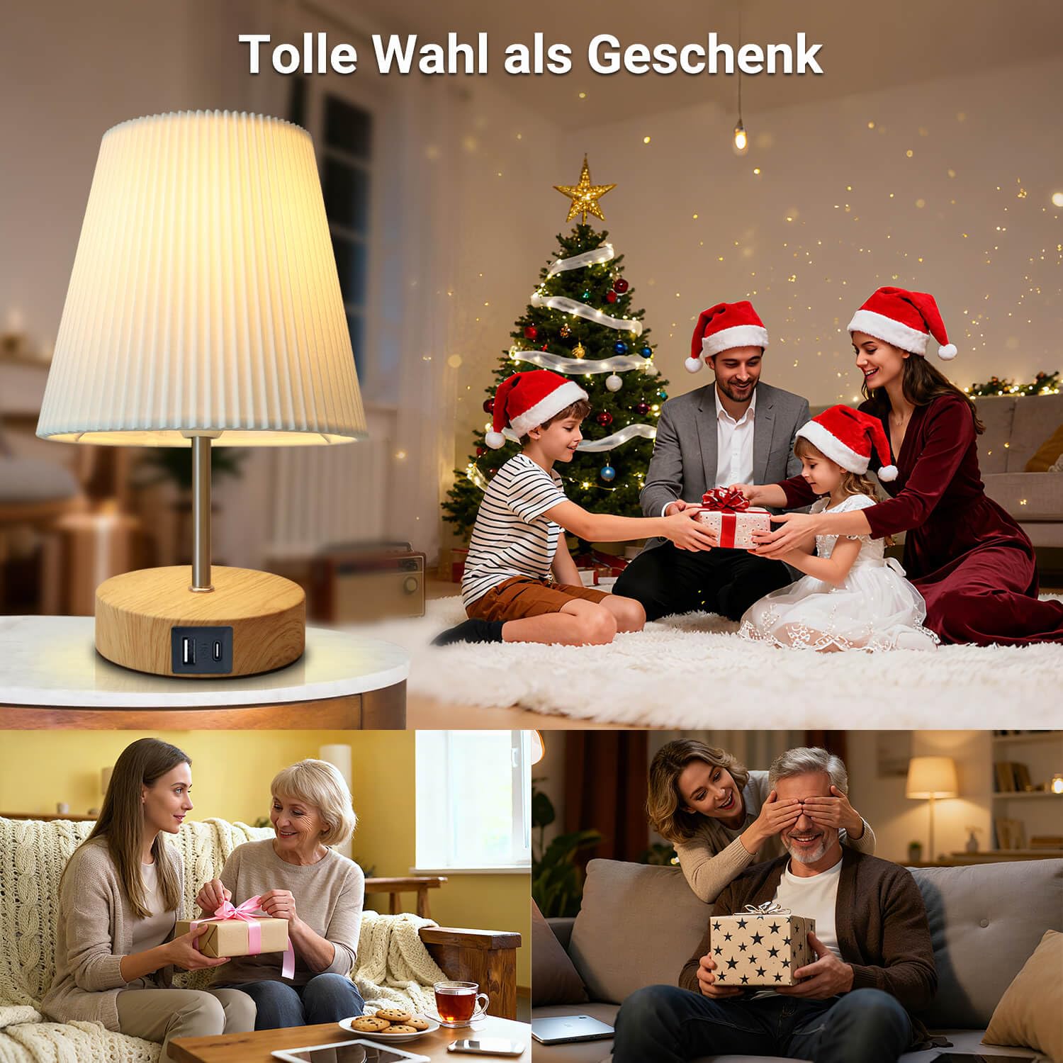 HSLighting Nachttischlampe Touch Dimmbar: Tischlampe mit Ladefunktion USB A+C Anschlüssen Steckdosen LED Birnen Lampenschirm aus Stoff Kleine Schreibtischlampe für Schlafzimmer Wohnzimmer 2 Stuck