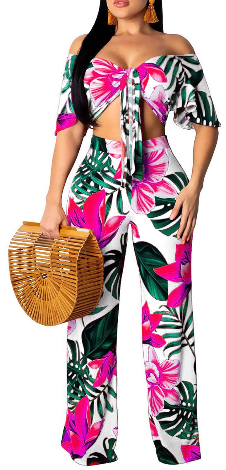 sexycherry Two Piece Outfits for Women Beach Bandage Crop Top Long Straight Pants Vacation Swimwear Cover Ups Sets