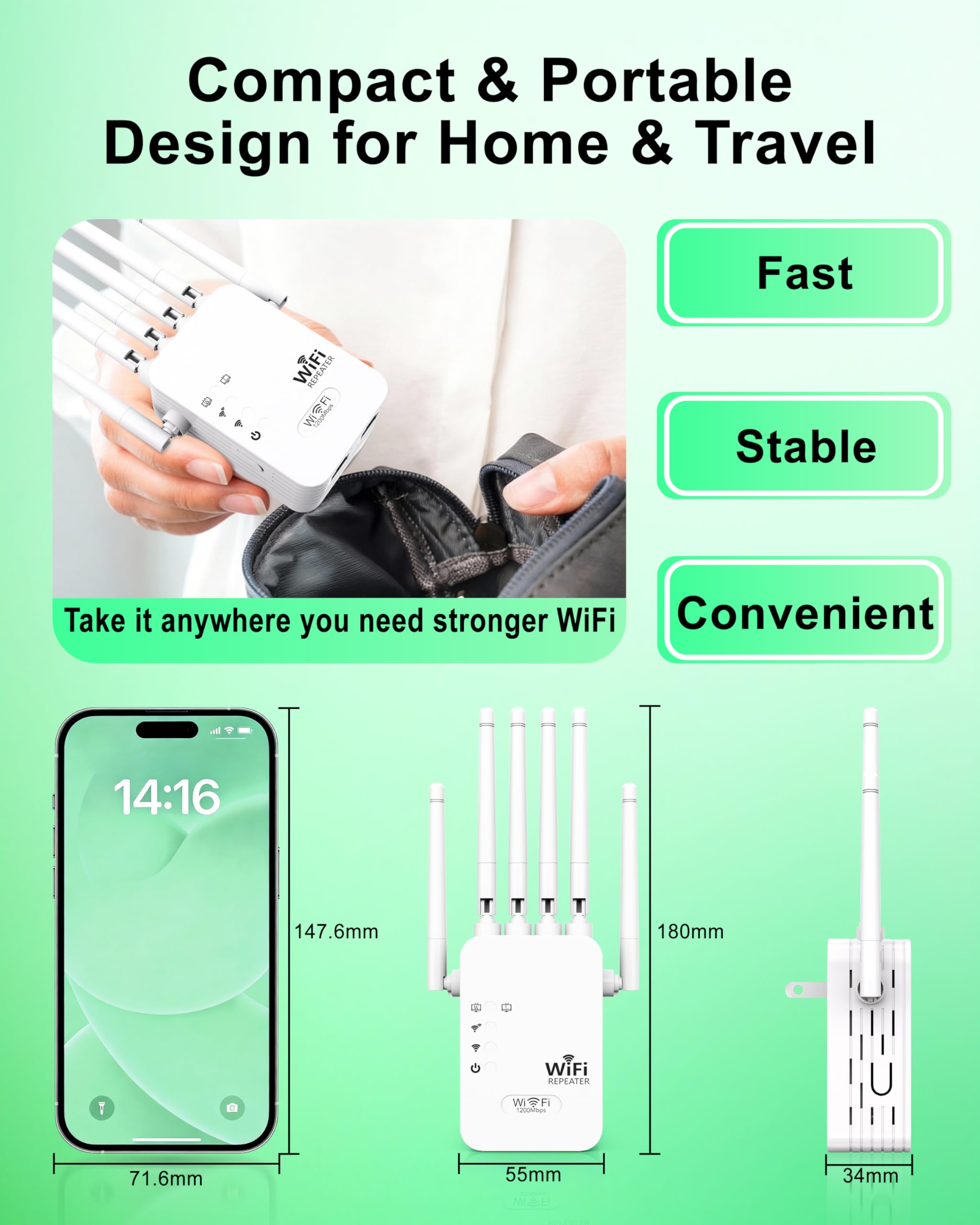 Ripetitore WiFi Potente 1200Mbps, Amplificatore WiFi Dual Band 5GHz e 2.4GHz, 6 Antenne Esterne, Copre 900 m², 3 Modalità, Porta Ethernet, Installazione Rapida, Compatibile con Tutte le Box