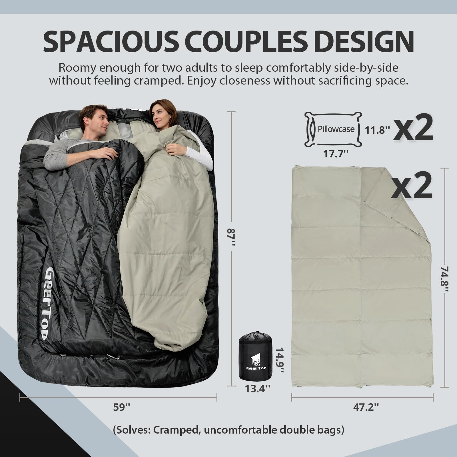 GEERTOP Sac de couchage double pour 2 personnes - Pour adultes - Pour le camping, le tourisme et la randonnée - Avec deux taies d'oreiller et couettes