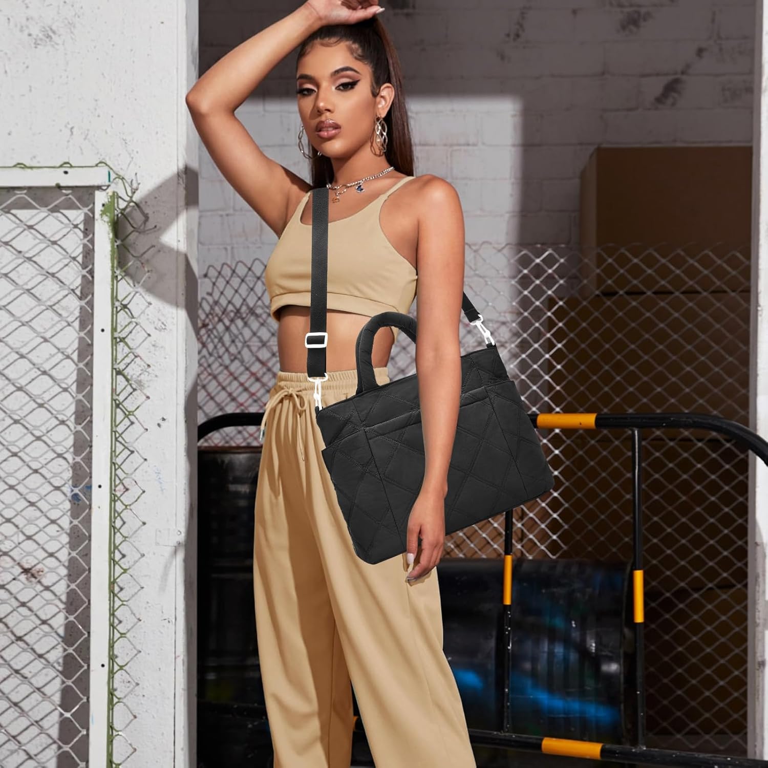 I IHAYNER Puffer Tote Bag for Women Lightweight Top Handle Handbag Large Shoulder Bag with Zipper for Travel Work