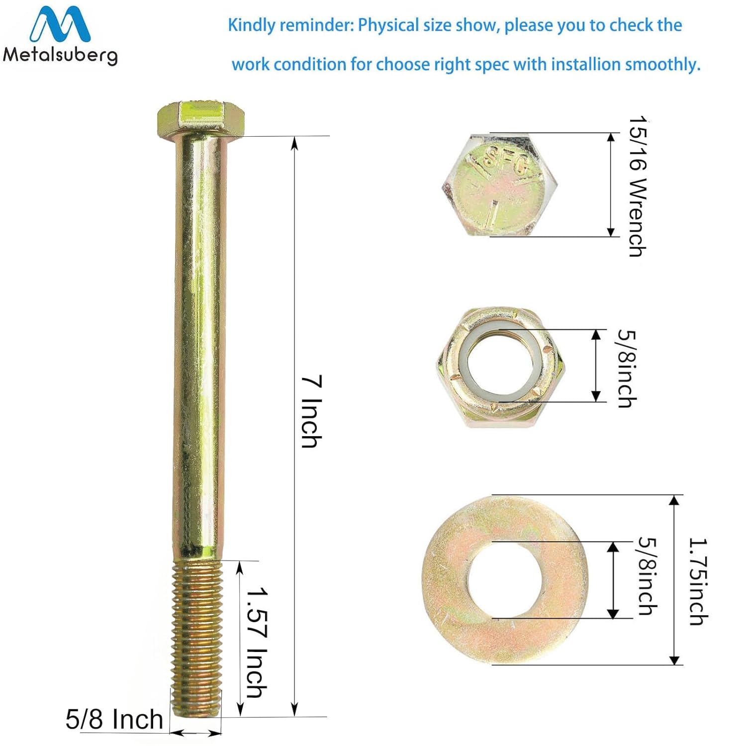 5/8" x 7" Hex Head Bolt by Color Galvanization with Nylon Lock nut and Large Size Washer Assortment Kit,Alloy Steel,Grade 5.(4pcs Pack). by Metalsuberg