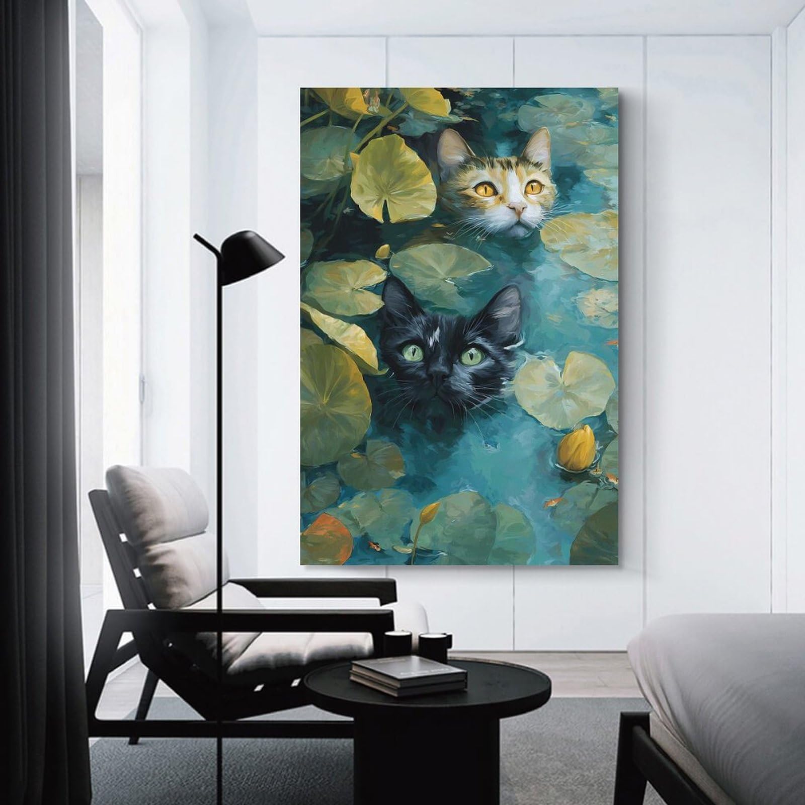 Junmoney Room Decor Wall Art Cats in A Lily Pond, 24x36inch(60x90cm), for Wall Displays, Bedrooms Or Room Updates, An Easy Match for Collected Prints