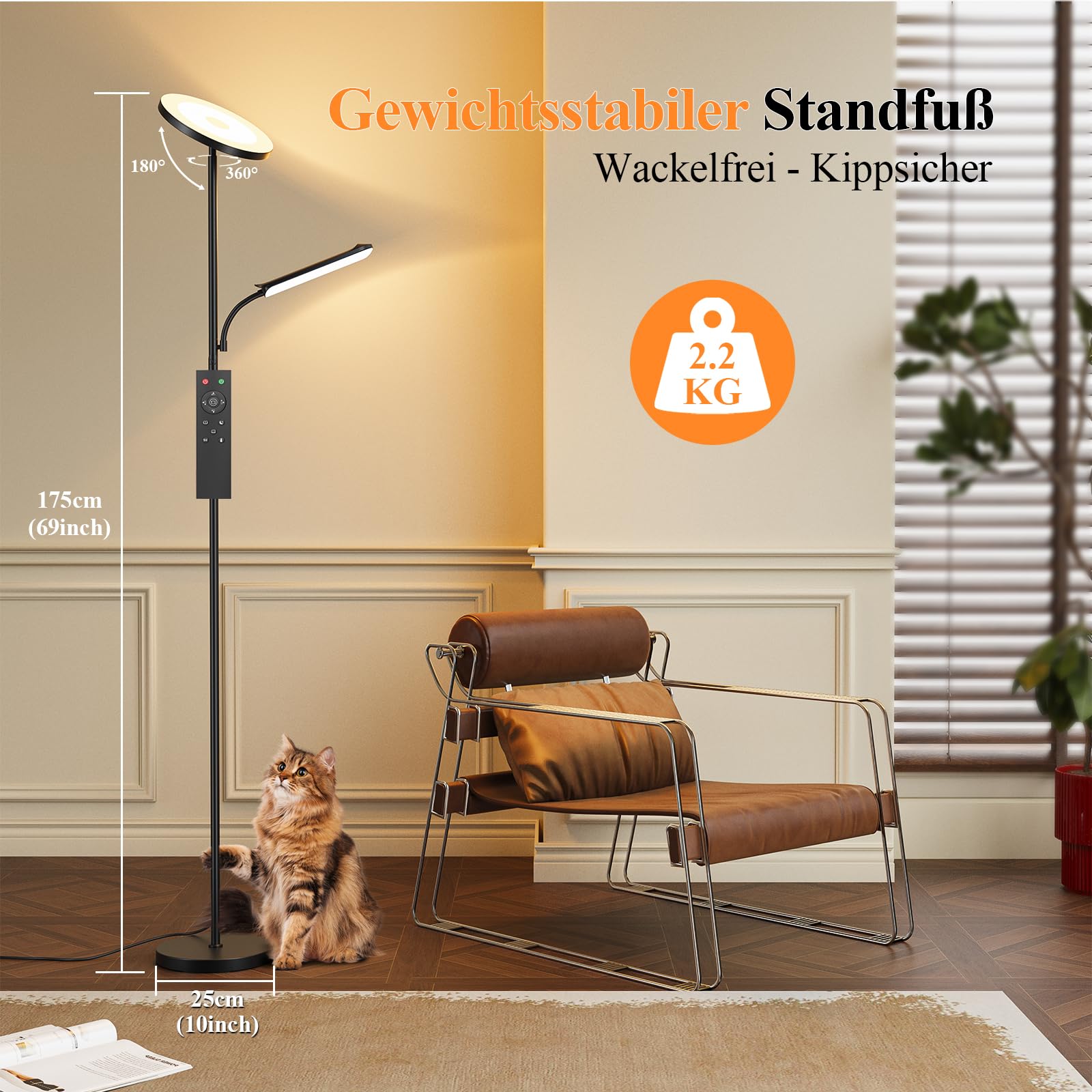 Stehlampe Wohnzimmer, 42W Deckenfluter mit Leselampe Dimmbar, 4200LM Stehlampe mit 2700K-6500K Farbtemperatu, Moderne Standleuchte mit Fernbedienung & Touch-Steuerung für Wohnzimmer Schlafzimmer