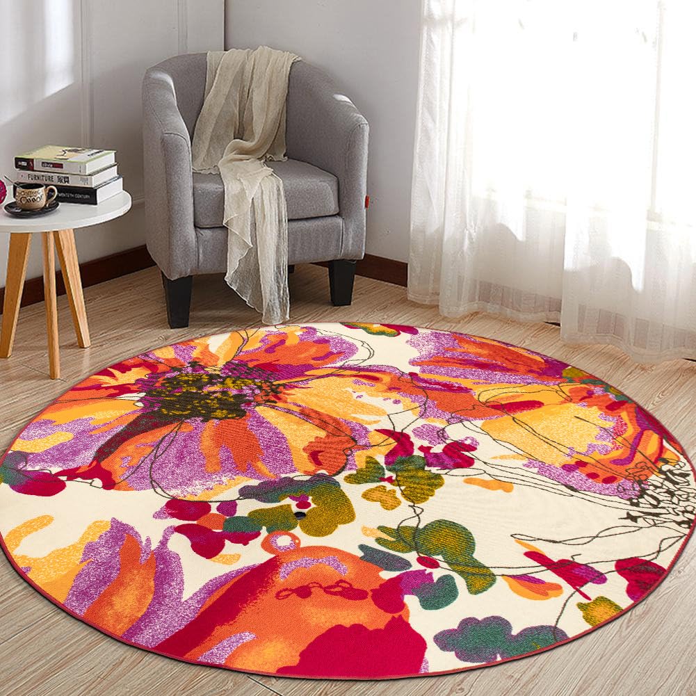 Rugshop Multi Bright Flowers Non Slip Non-Shedding Round Area Rug for Living Room, Dining Room and Bedroom, 8'