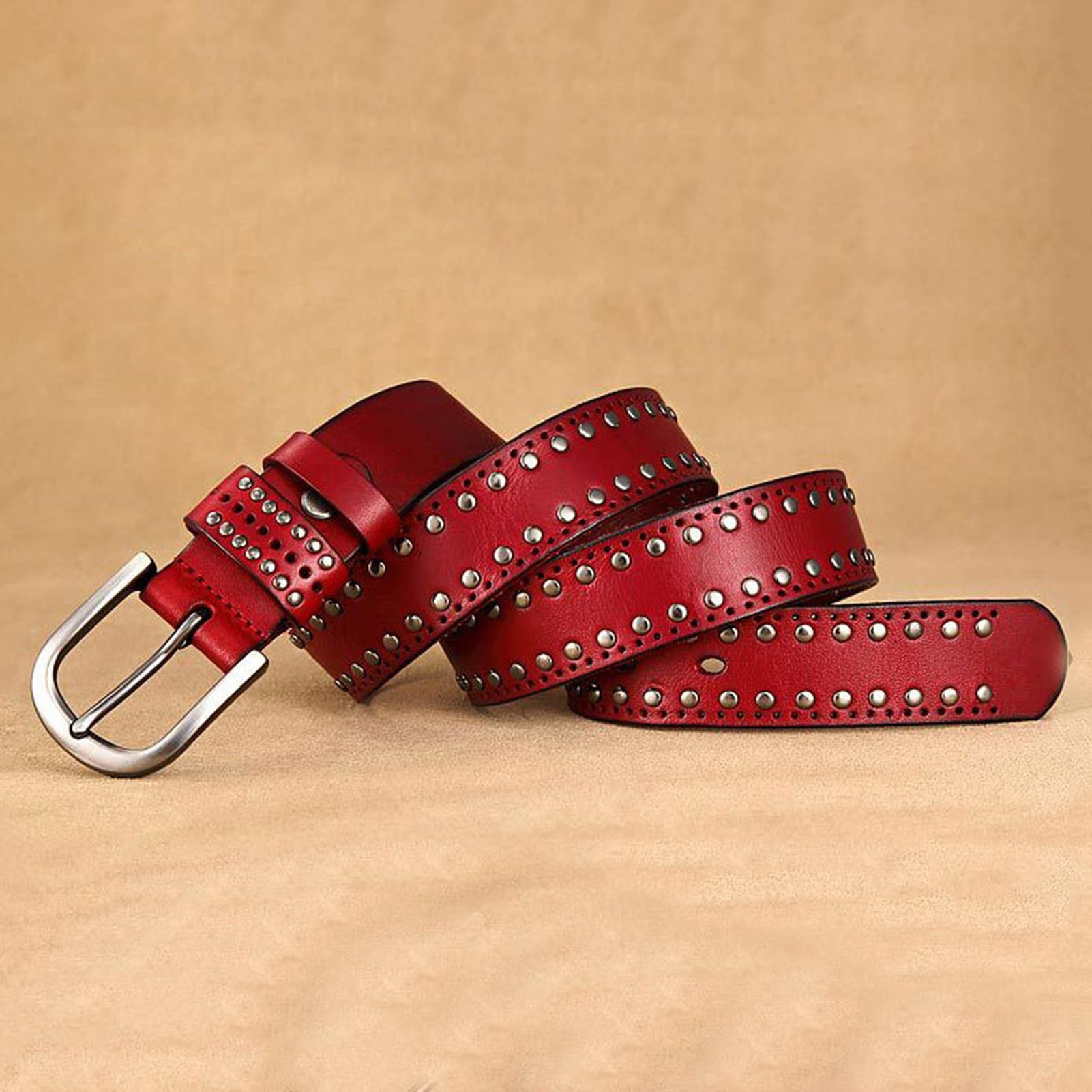 Ceinture en Cuir pour Femme, Rivets Ronds, véritable Cuir de Vache, Style Punk Rock, cloutée, avec Boucle résistante aux Rayures, pour Jeans (95 cm, Taille : 30 à 32 Pouces, Rouge)