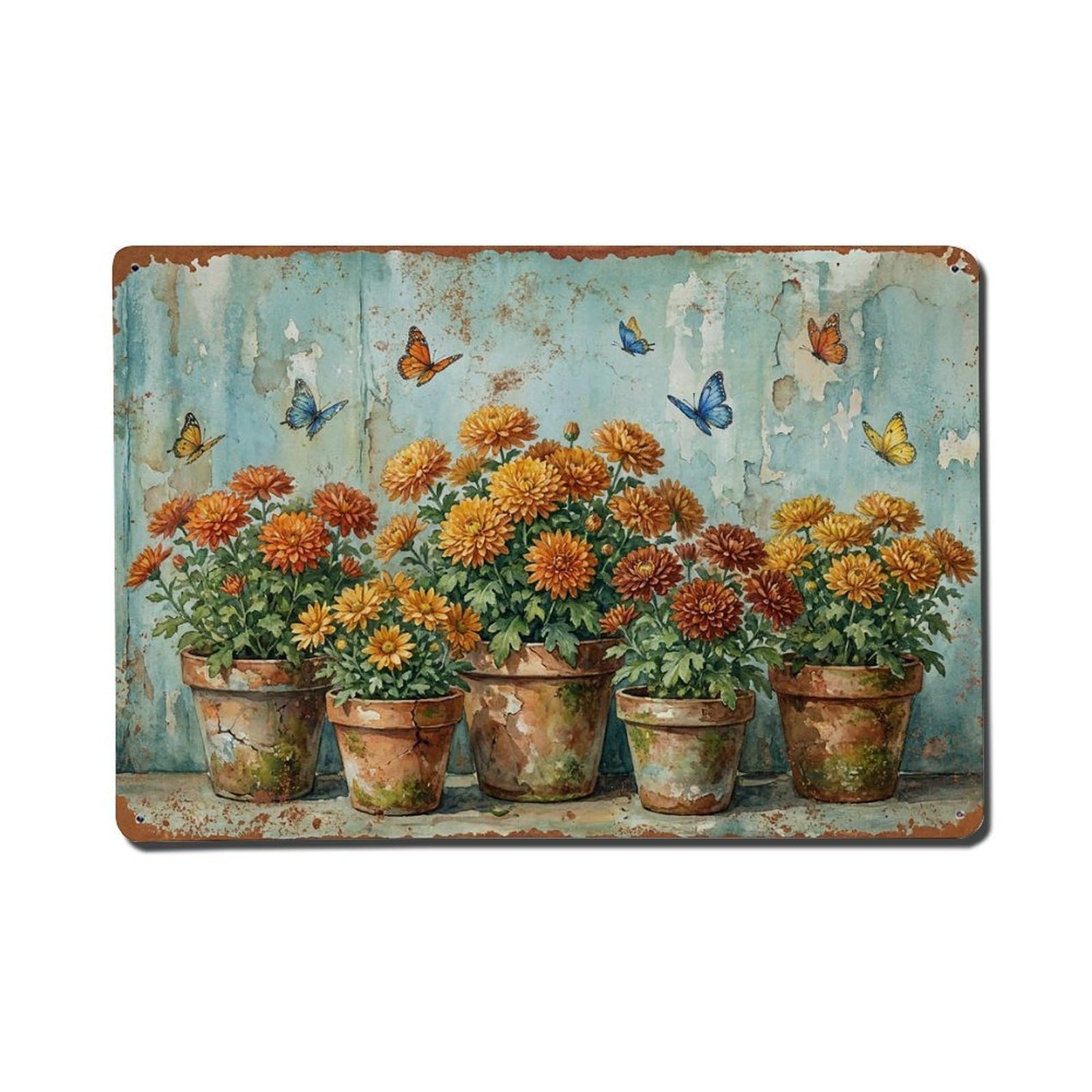Vintage Rustic Flower Potted Plants Chrysanthemum Metal Tin Sign