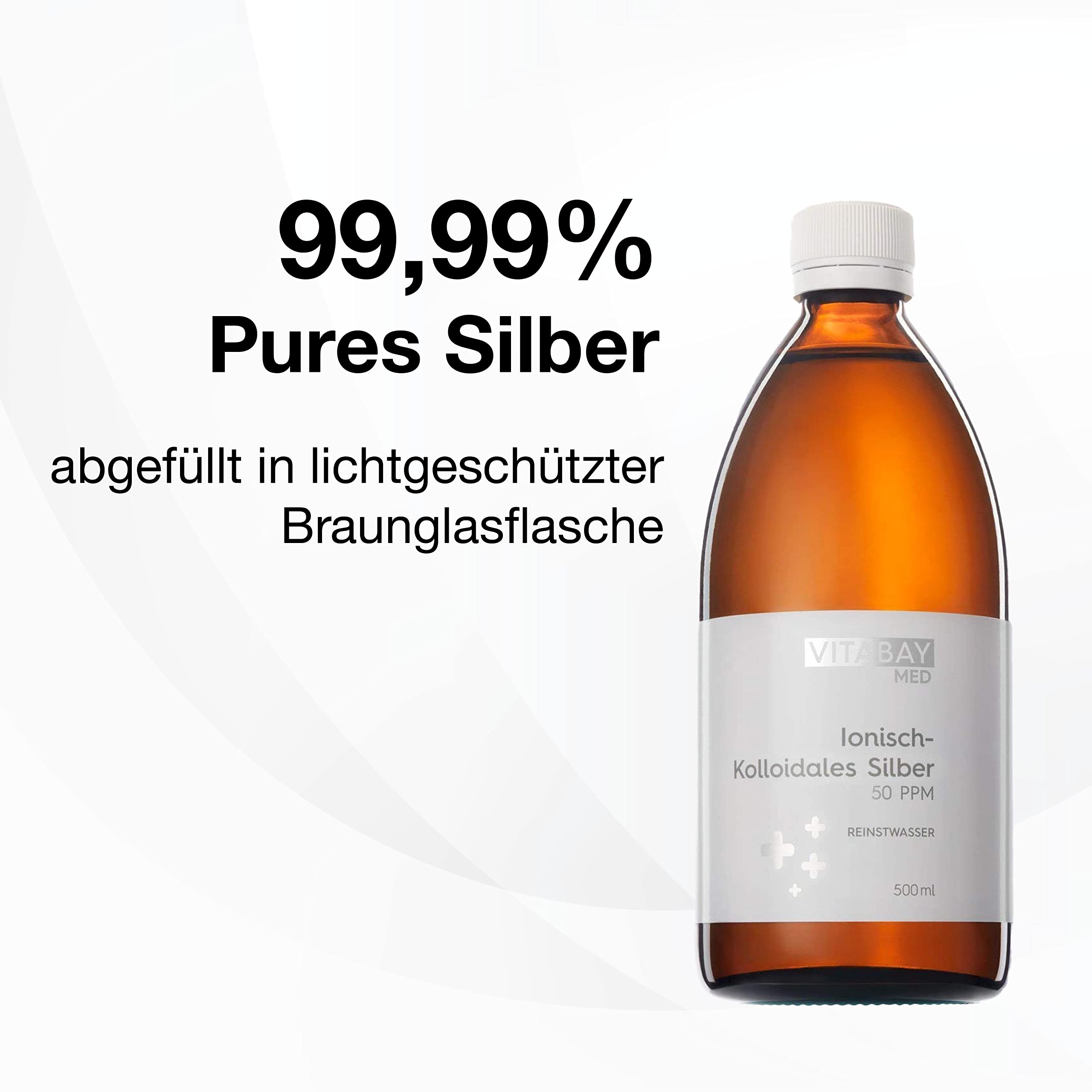 Vitabay Argento Colloidale 50 PPM 500 ml Argento puro 99,99% ionico-colloidale flacone vetro scuro