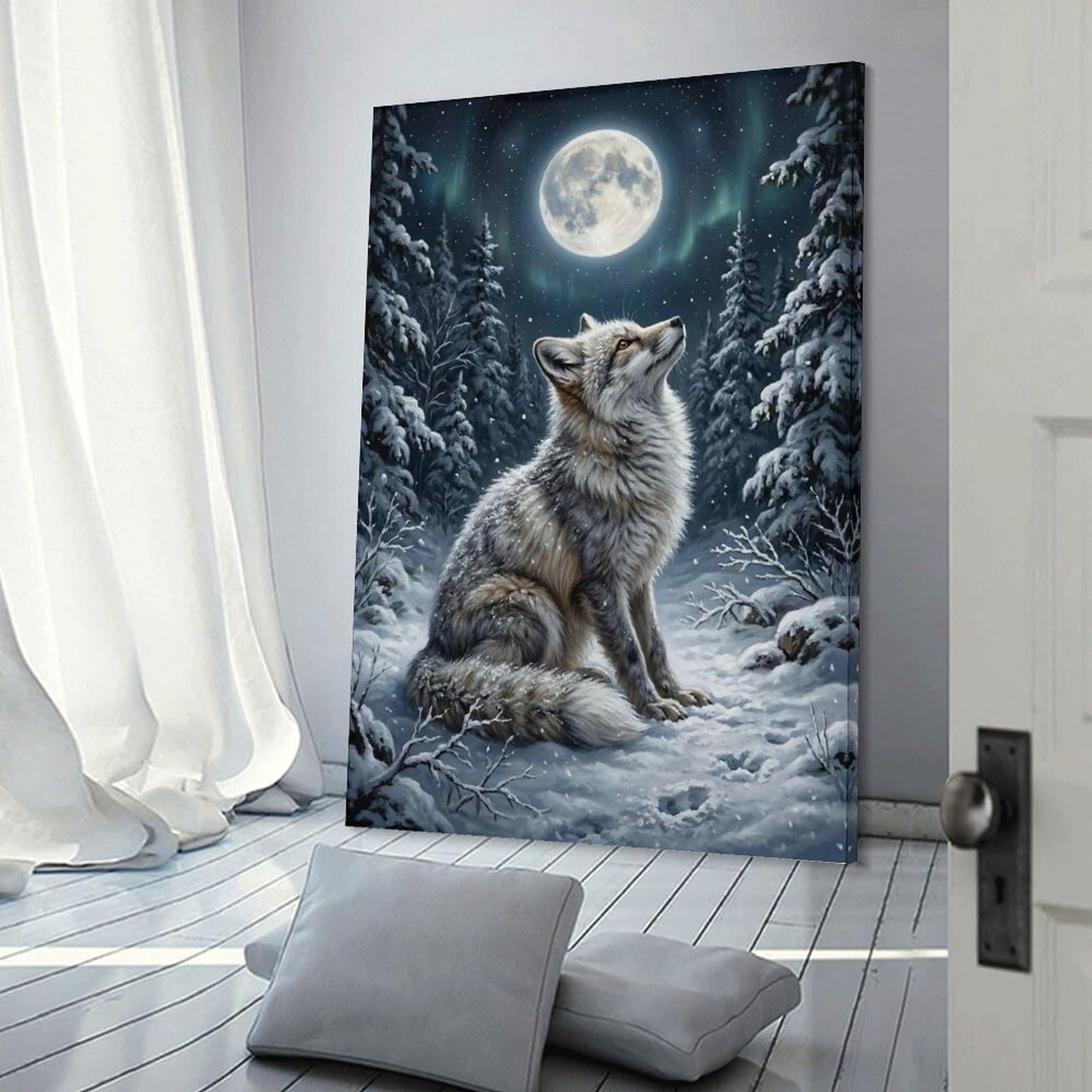 Junmoney Wolf Under The Northern Lights Wall Art Print, 20x30inch(50x75cm), for Entryway, Lounge Links Or Small Walls, Decorative Wall Art for Narrow Spaces