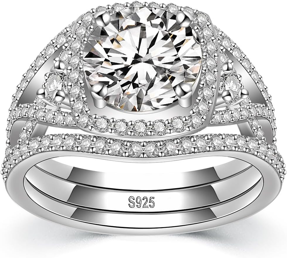 3CT Moissanite Wedding Ring Set for Women D Color VVS1 Princess Cut Halo Bridal Set Wedding Bands S925 Sterling Silver with 18K White Gold Plated Engagement Anniversary Rings for Her Size 4.5-10