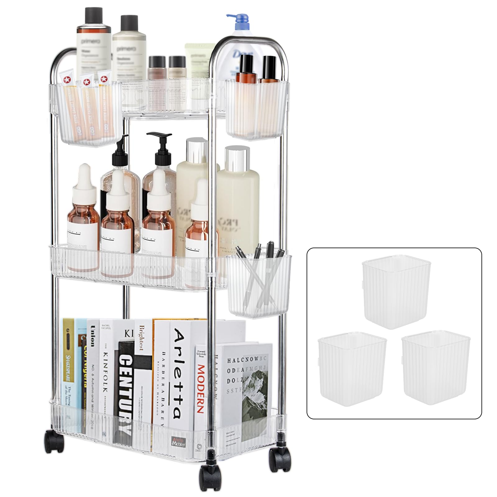 Speclux 3-Tier Clear Acrylic Rolling Storage Trolley on Wheels with Bonus Hanging Cups, Lockable Wheels & Handle - Multipurpose Utility Cart for Kitchen, Bathroom, Laundry, Craft, Book & Snack Storage