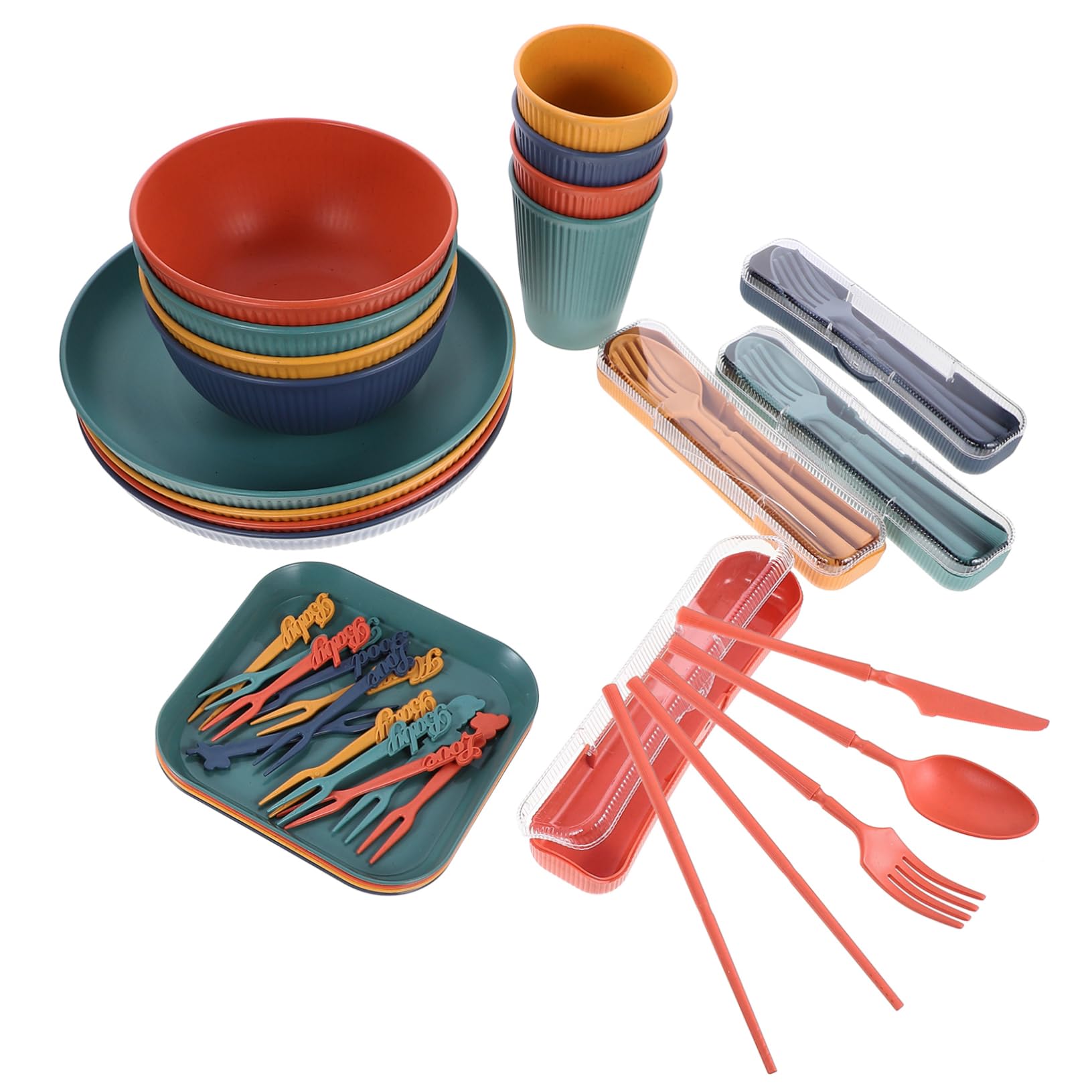 NAMOARLY 5pc Wheat Straw Utensils Set Foldable Tableware for Outdoor Camping Picnic Unbreakable Dinnerware Soup Bowl Plate Cup Fork Spoon Chopsticks