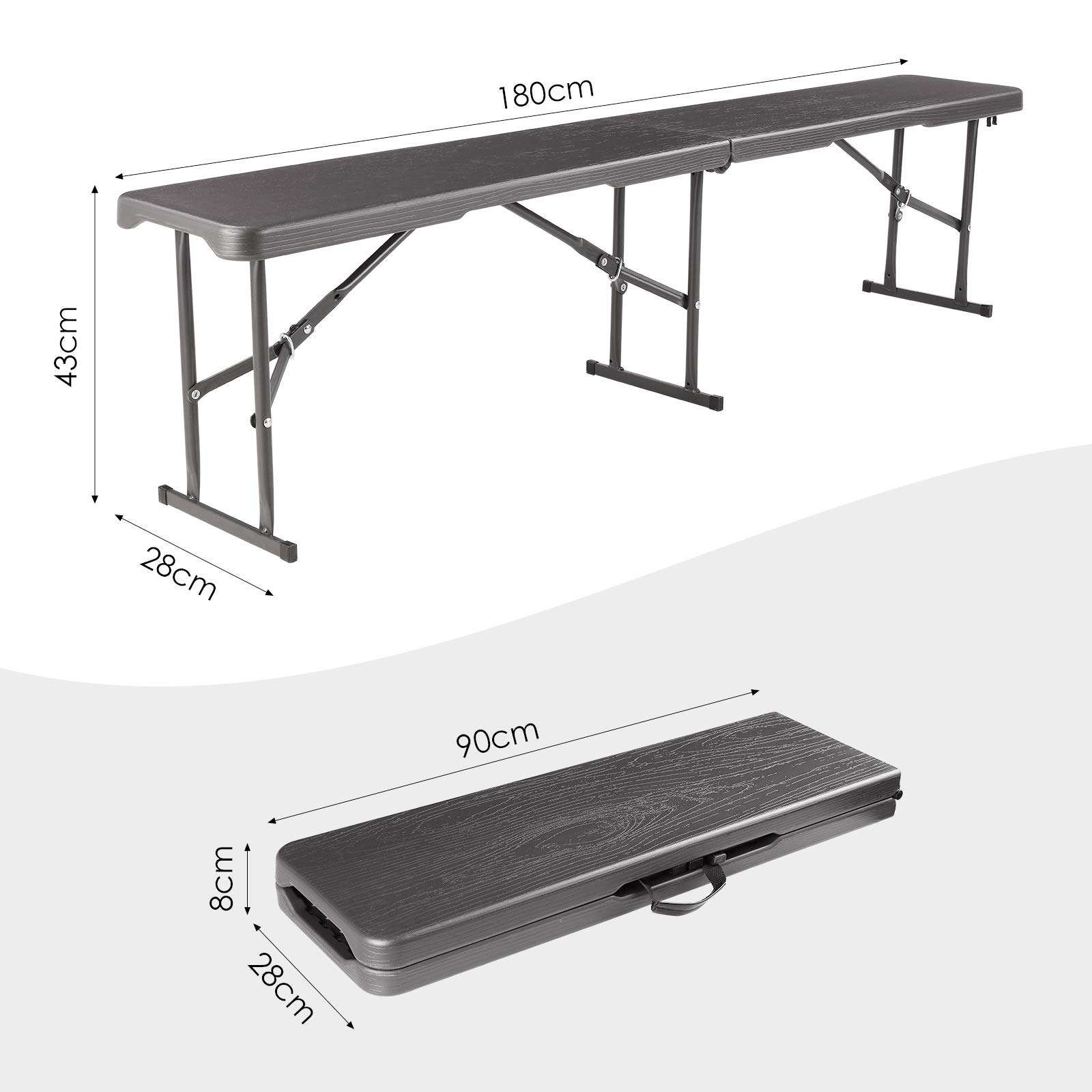 Clevich Lot de 2 bancs de Jardin Pliables 180 cm avec poignée de Transport - en Plastique Haute densité et Structure en Acier - Aspect Bois - pour Jardin, Balcon