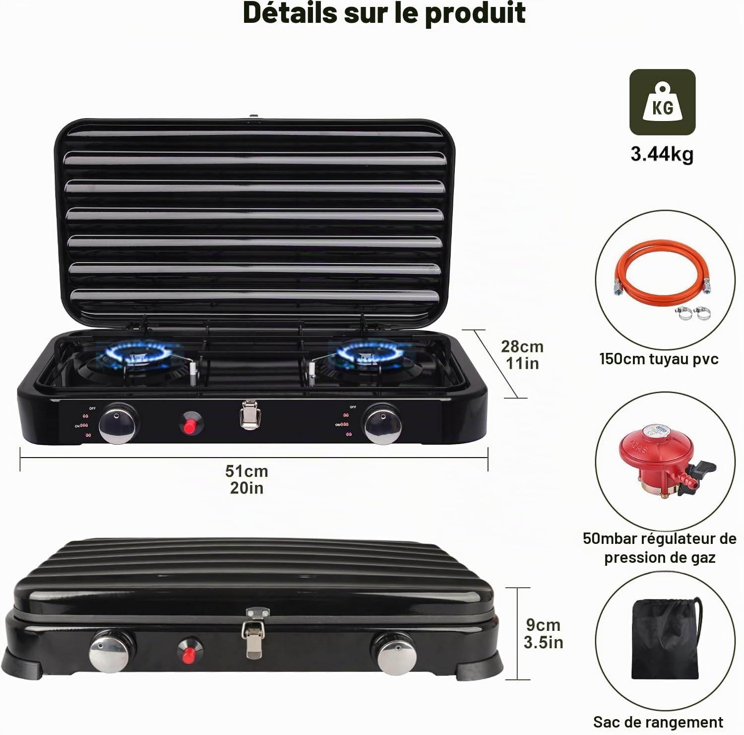 Réchaud Gaz-GPL Camping Portable 2 Feux, 4,4kW Rechaud Gaz Auto-Ignition, Tuyau PVC 150 cm + Régulateur 37 mbar - Réchaud Extérieur Couvercle Amovible pour Randonnée, Pêche, Pique-Nique(Noir)