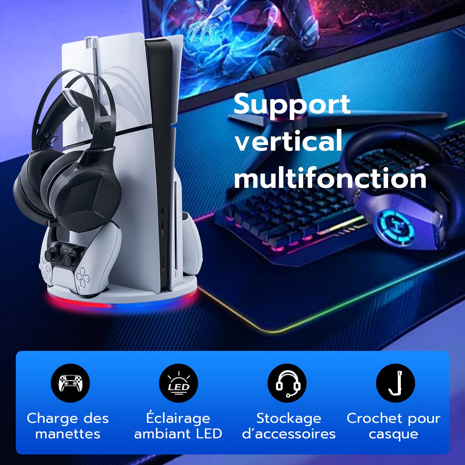 Wigearss Support Vertical pour PS5 Slim, Station de Charge Rapide pour Deux Manettes avec Crochet Casque et Lumière LED, Compatible avec la Console PS5 Slim DE/UHD(Pas pour PS5/Pro)