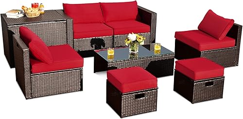 Miniatura 10 de Tangkula Patiojoy - Juego de 8 muebles de mimbre para patio, ahorro de espacio, juego de conversación de ratán PE con caja de almacenamiento y