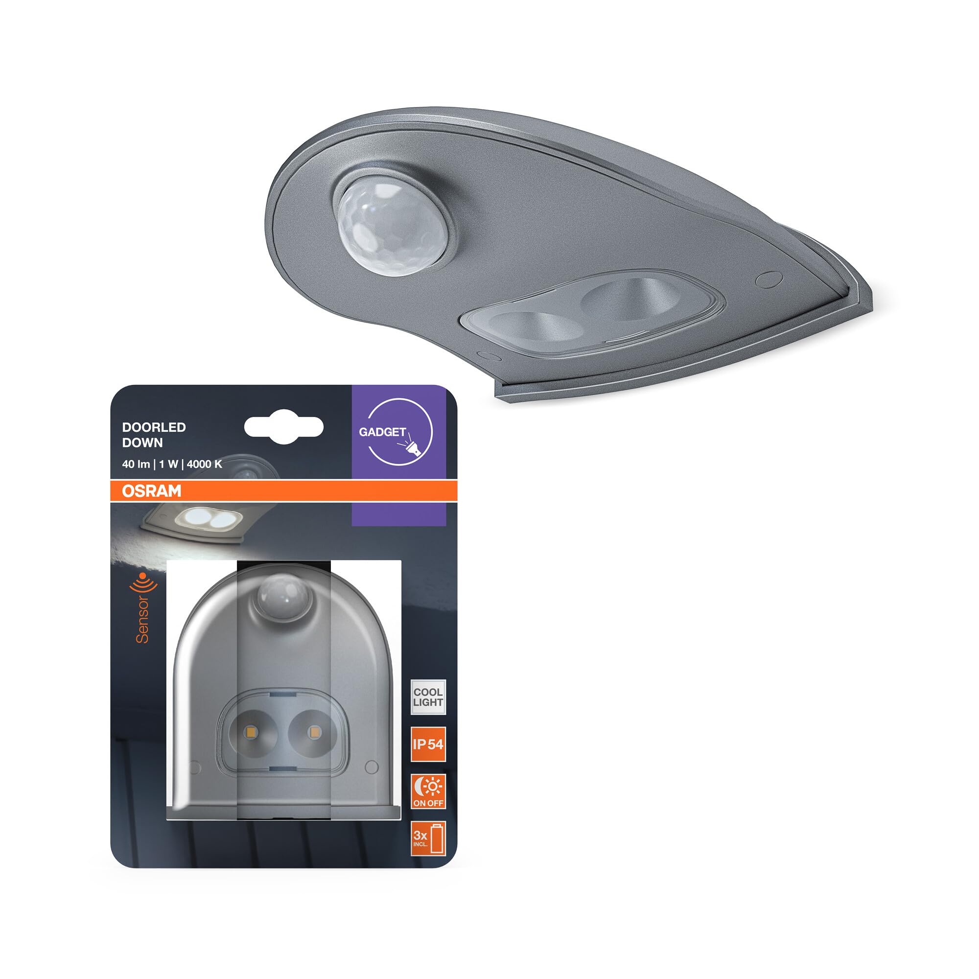 OSRAM Oświetlenie drzwiowe LED z czujnikiem ruchu, zasilane bateryjnie, 4000K, 40lm, 0,95W, IP54, srebrne, do obszarów wejściowych i zastosowań zewnętrznych