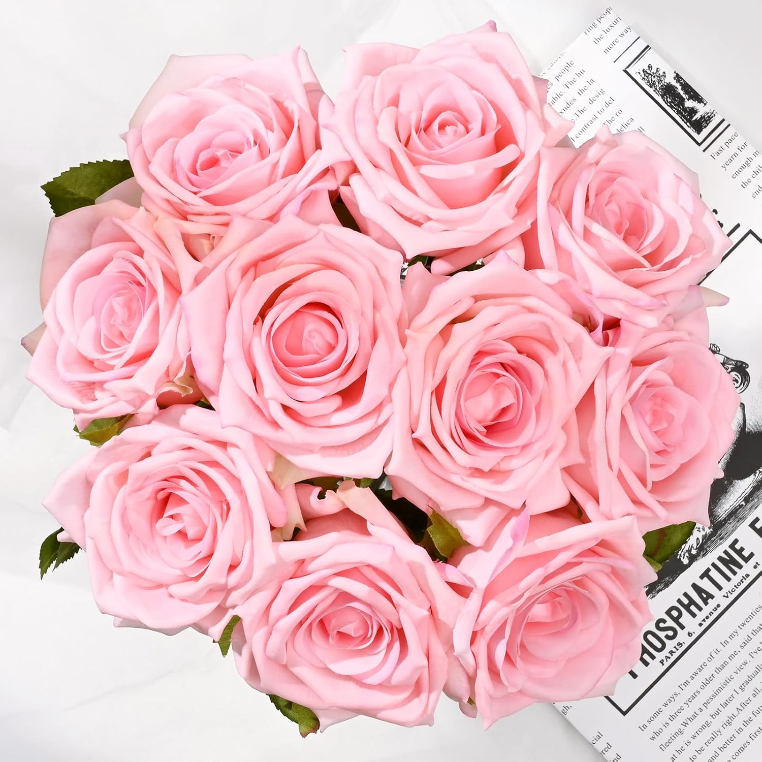 BLEUM CADE Luxury PU Fake Flowers in Vase with Faux Water, Pink Real Touch Roses Artificial Flowers with Glass Vase for Office Home Dining Room Centerpiece Table Decorations - Image 8