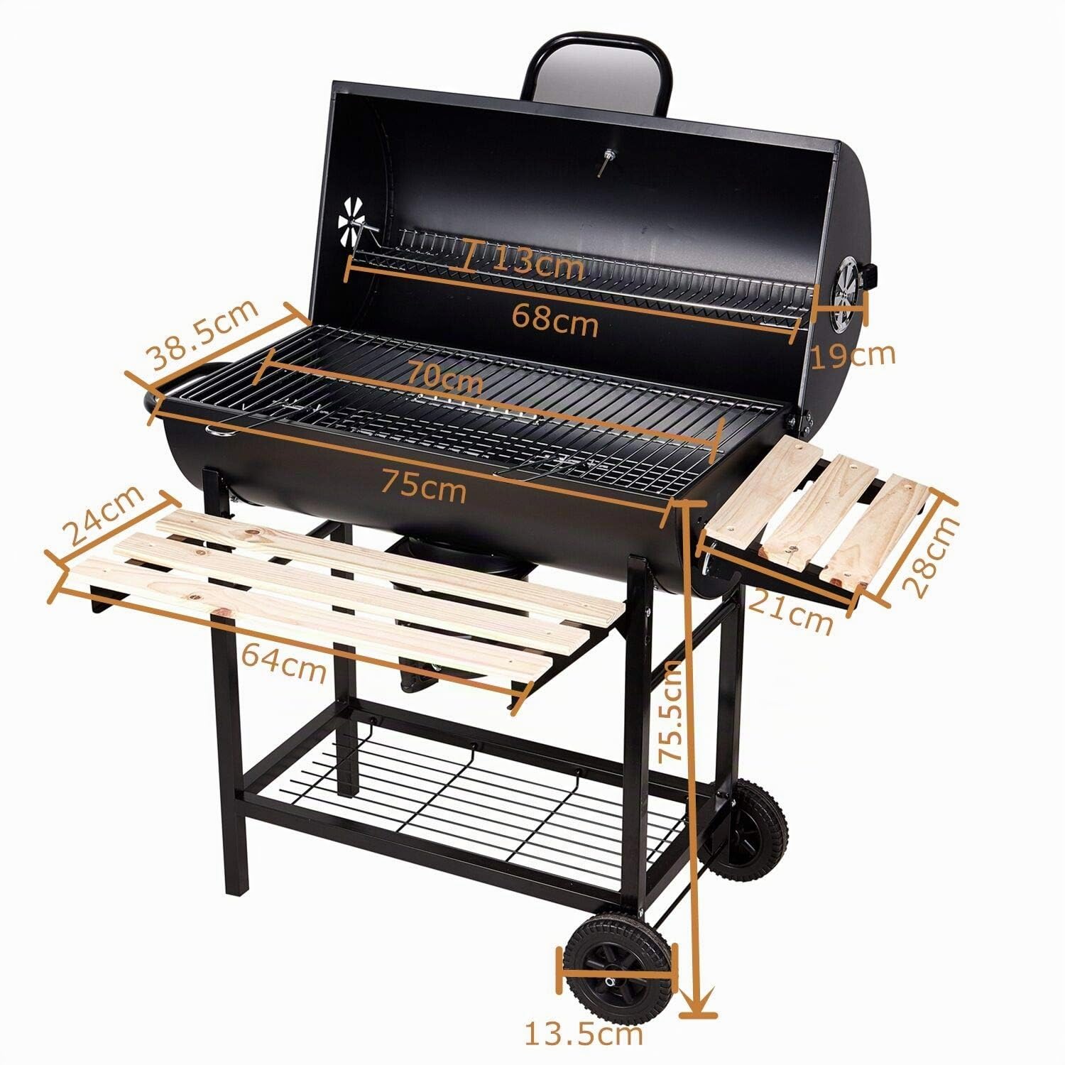 Barbacoas de Carbón Parrilla con Ruedas para Jardín Exterior BBQ con Soportes Facil Movimiento, con 2 Estantes de Madera Plegable para Almacenar Comidas, 101×70.5×94.5CM