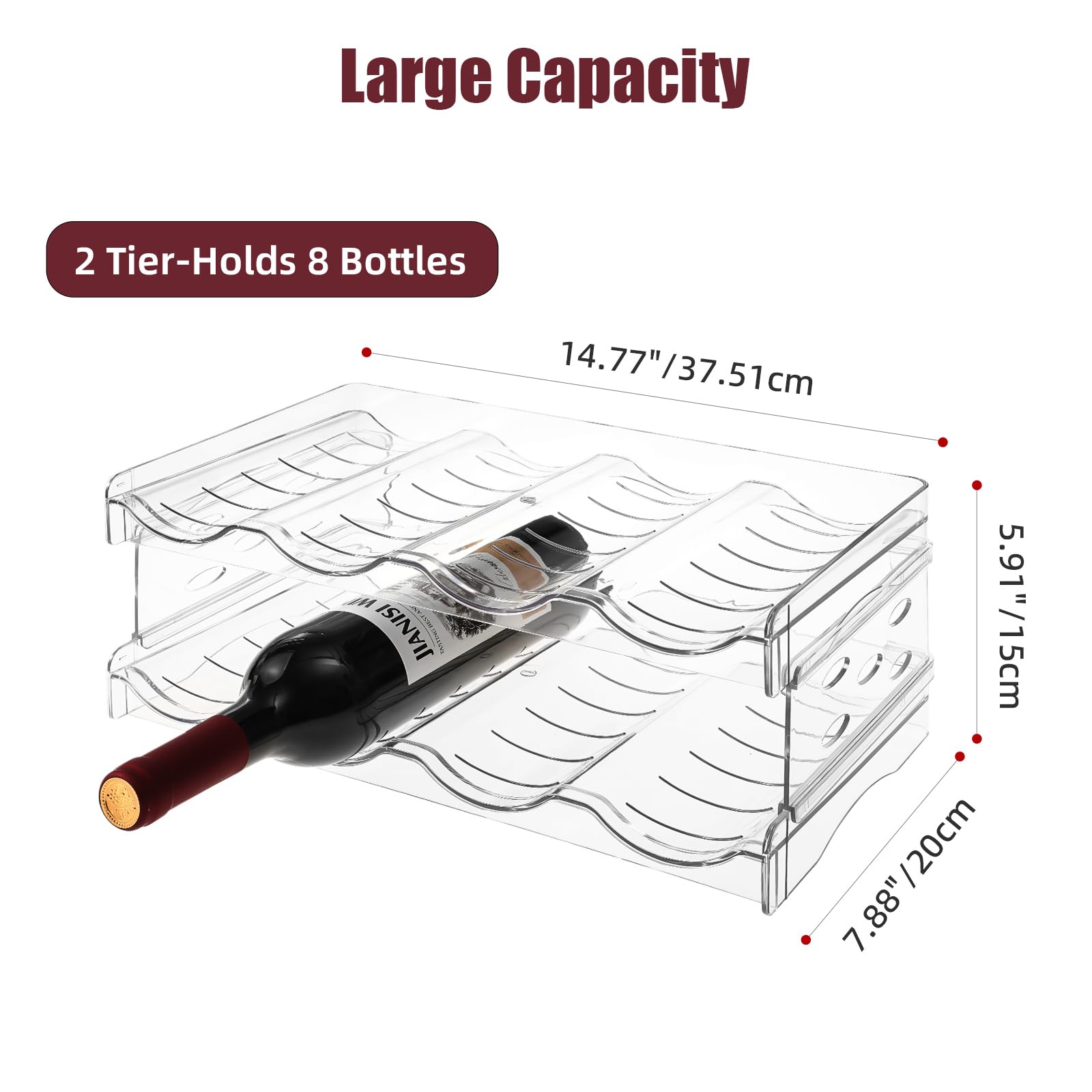 Estante de vino para encimera, nevera, armario interior, soporte de plástico de 2 niveles para botellas de vino, organizador de botellas de agua para refrigerador, despensa, capacidad para 8 2