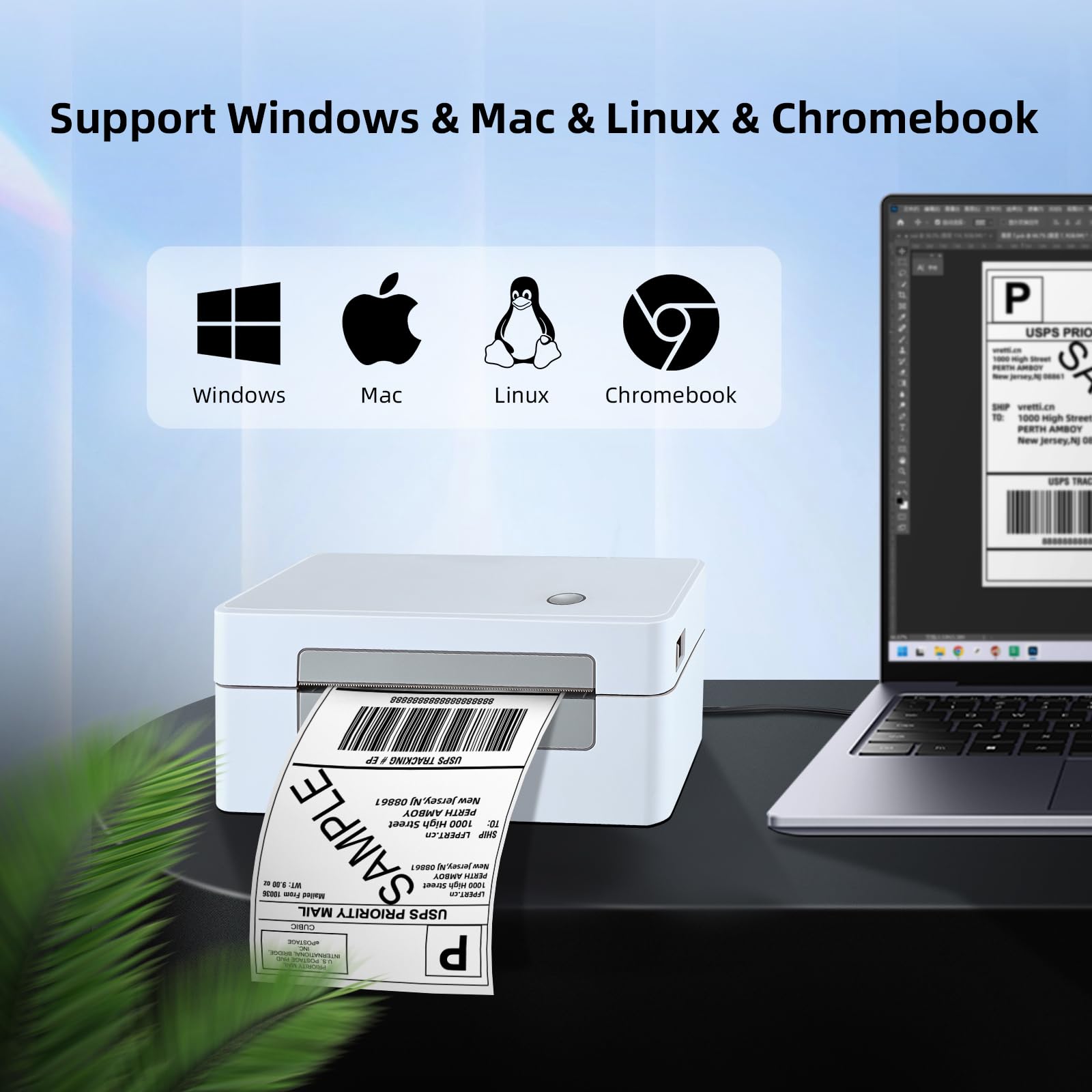 LFPERT Thermal Shipping Label Printer - 4x6 High Speed USB Thermal Printer for Shipping Packages, Compatible with Windows, Mac, Linux, Used for Amazon, Ebay, USPS (White-Gray USB ONLY)