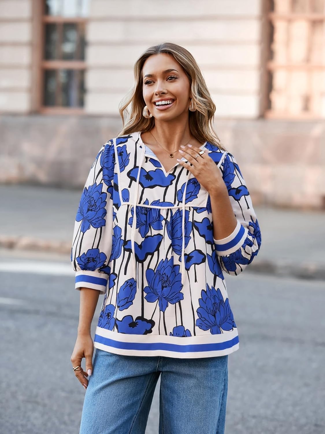 Cicy Bell Womens Floral Print Babydoll Blouse V Neck 3/4 Sleeve Peplum Tops Casual Loose Fit Boho Flowy Shirts - Image 2