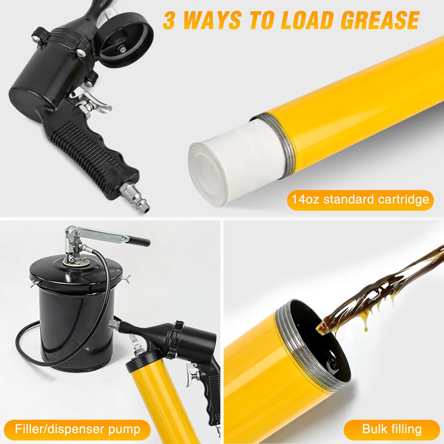 GOOACC Pneumatic Grease Gun 6000 PSI 14oz Heavy Duty Air Operated Grease Gun Kit with 18" Spring Flex Hose Rigid Pipe Coupler Pistol Grip Grease Guns for Automotive Farm Industrial Marine, Yellow 6PCS