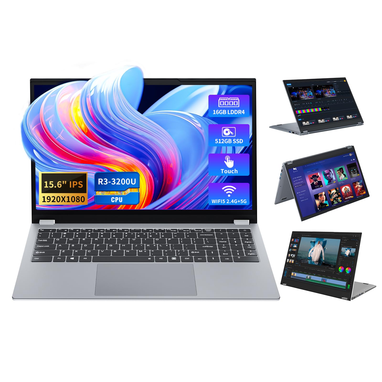 Ordinateur Portable 2 en 1, 15,6" PC Portable 16Go RAM 512Go SSD, Portables Ryzen 3 3200U Processeur, Radeon Graphics GPU, Laptop 360°Flip Tactile Écran, Wi-FI 5, BT 5.1, RJ45, HDMI, Type-C