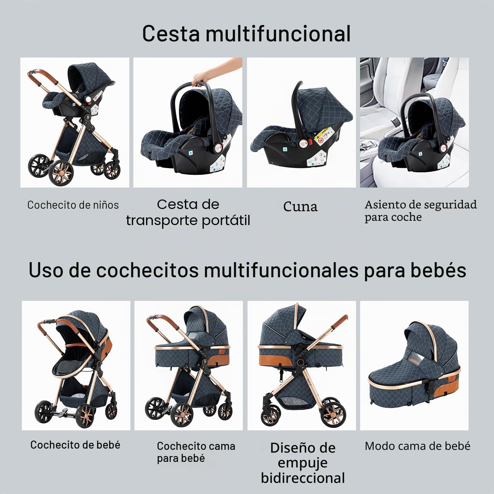 Carrito Bebe 3 en 1, Carro Bebe con Dos Modos de Empuje Reversibles, Cochecito Bebe 3 Piezas con Marco de Aluminio, Carricoche Bebe con Diseño Plegable con Un Solo Clic (V9 Creamy White)