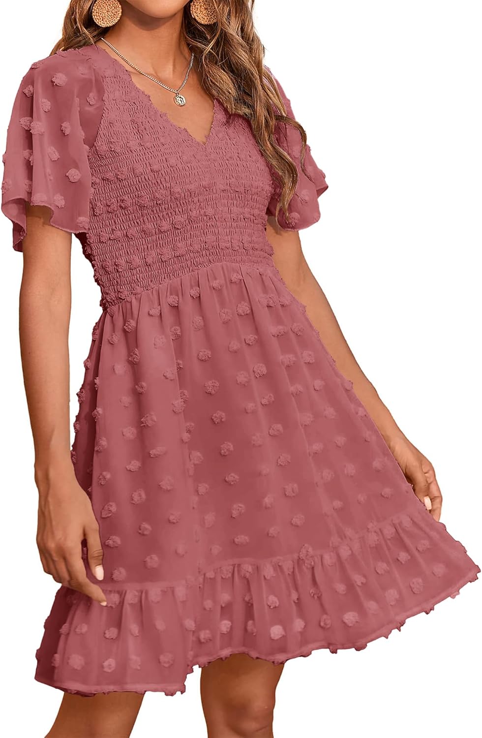 BTFBM Womens Beach Vacation Dress Summer 2025 V Neck Short Sleeve Smocked Swiss Dot Cute Ruffle Casual Fall Mini Dresses
