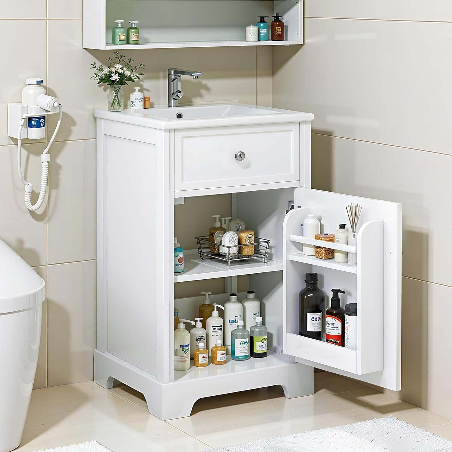 DlandHome 20" Bathroom Vanity with Ceramic Sink,Modern Bathroom Cabinet with Storage Shelf, Adjustable Shelves,Free Standing Storage Cabinet with Sink Combo Set, White