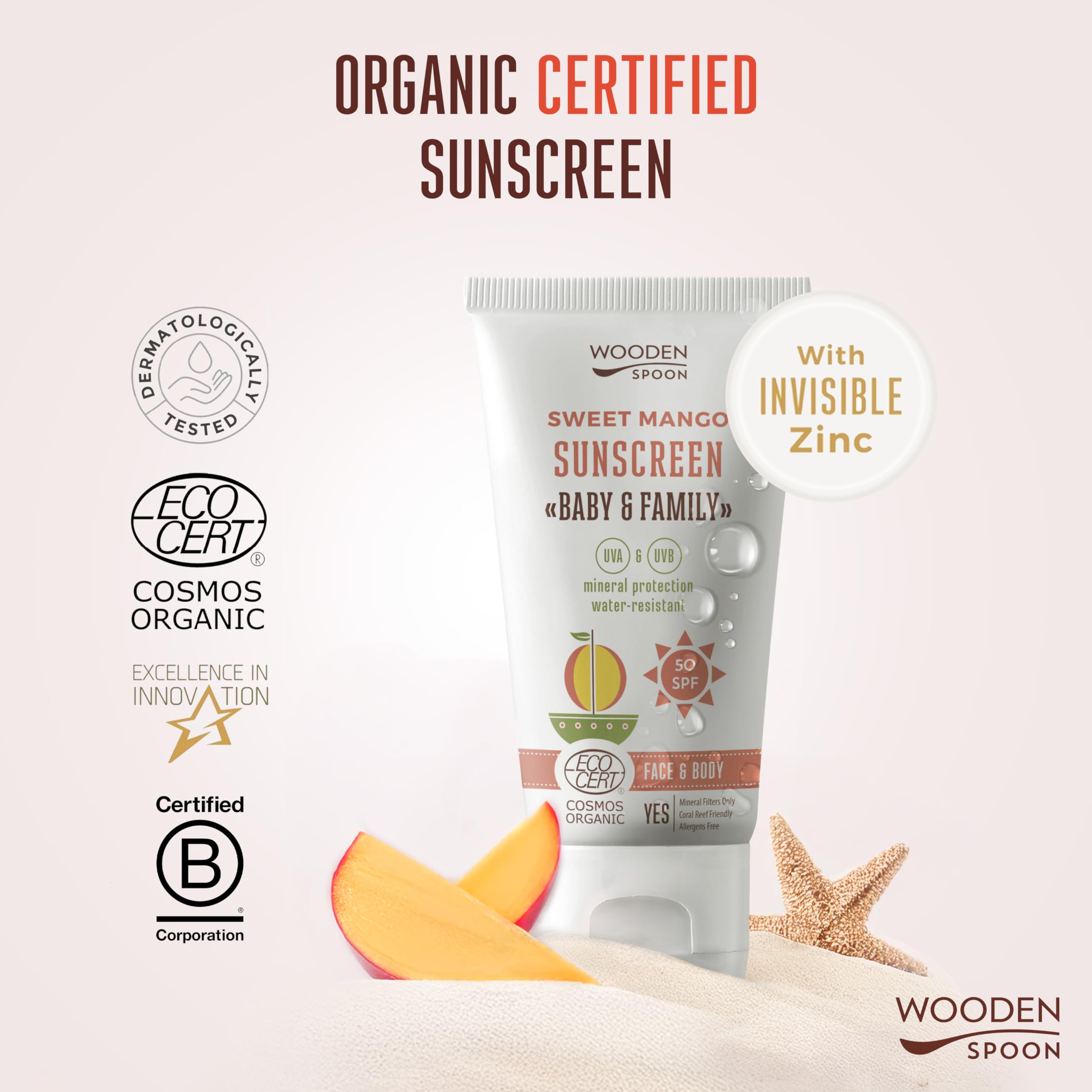 Wooden Spoon Crème Solaire Bio Bébé & Famille “Sweet Mango” SPF 50 – 100% Naturelle, Zinc Invisible, Sans Trace Blanche, Hypoallergénique, Vegan, Résistante à l’eau – 150 ml
