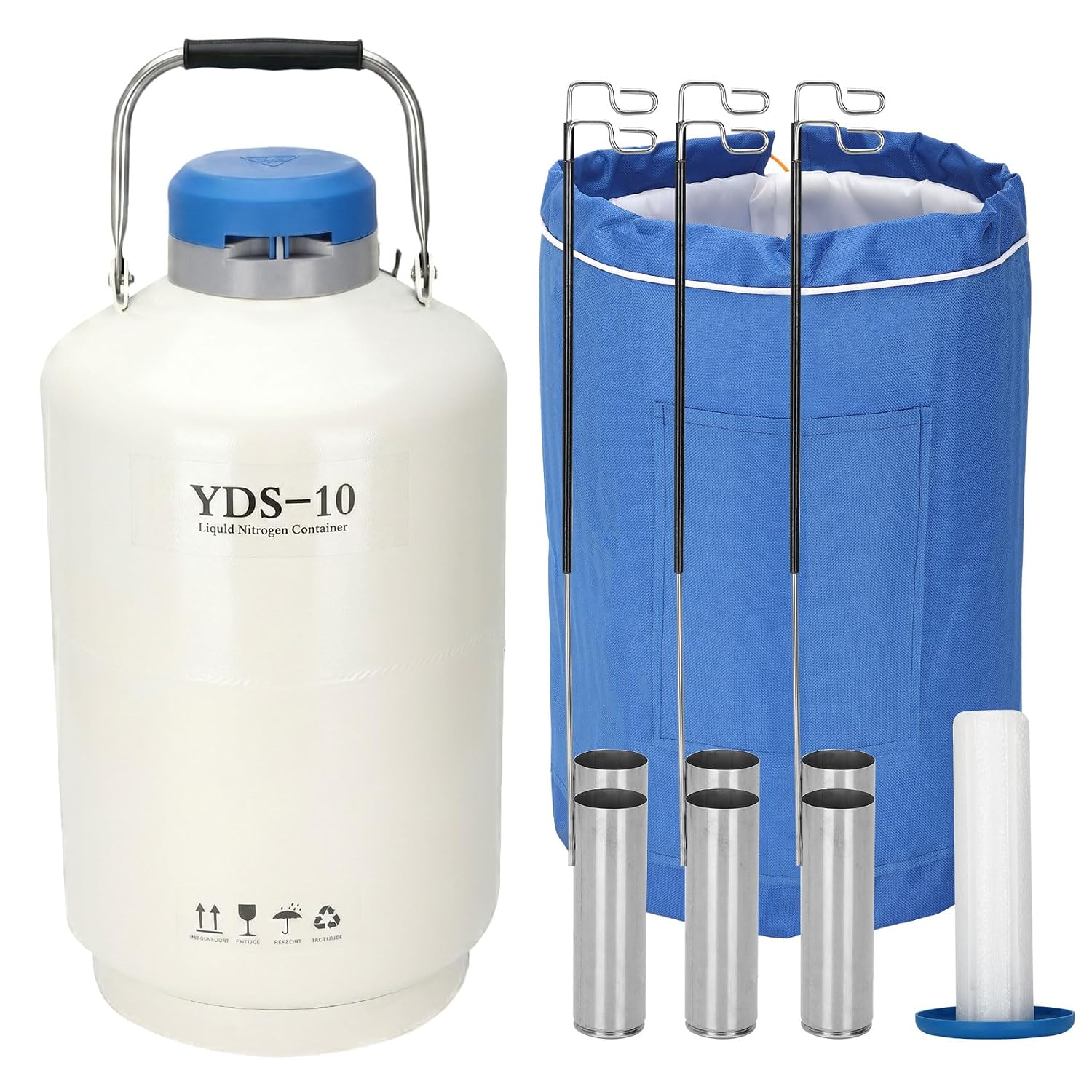 3L Liquid Nitrogen Container LN2 Tank with 6 Canisters Carry Bag | Aluminum alloy cryogenic dewar, slow evaporation rate, compact 50mm caliber, for semen/biological specimen storage