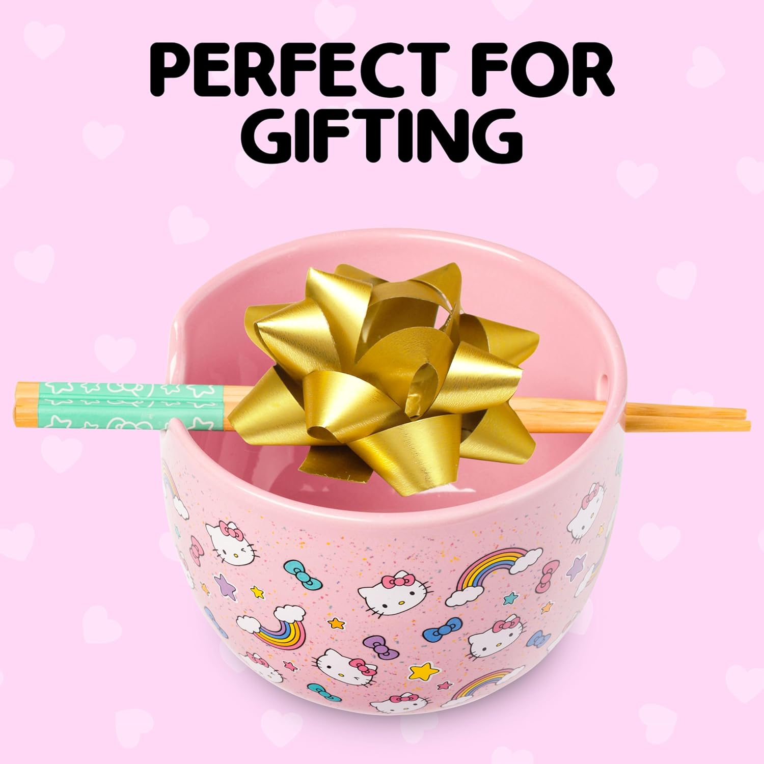 Silver Buffalo Sanrio Hello Kitty Bows Stars Rainbow Pattern Ceramic Ramen Noodle Rice Bowl with Chopsticks, Microwave Safe, 20 Ounces - Image 7