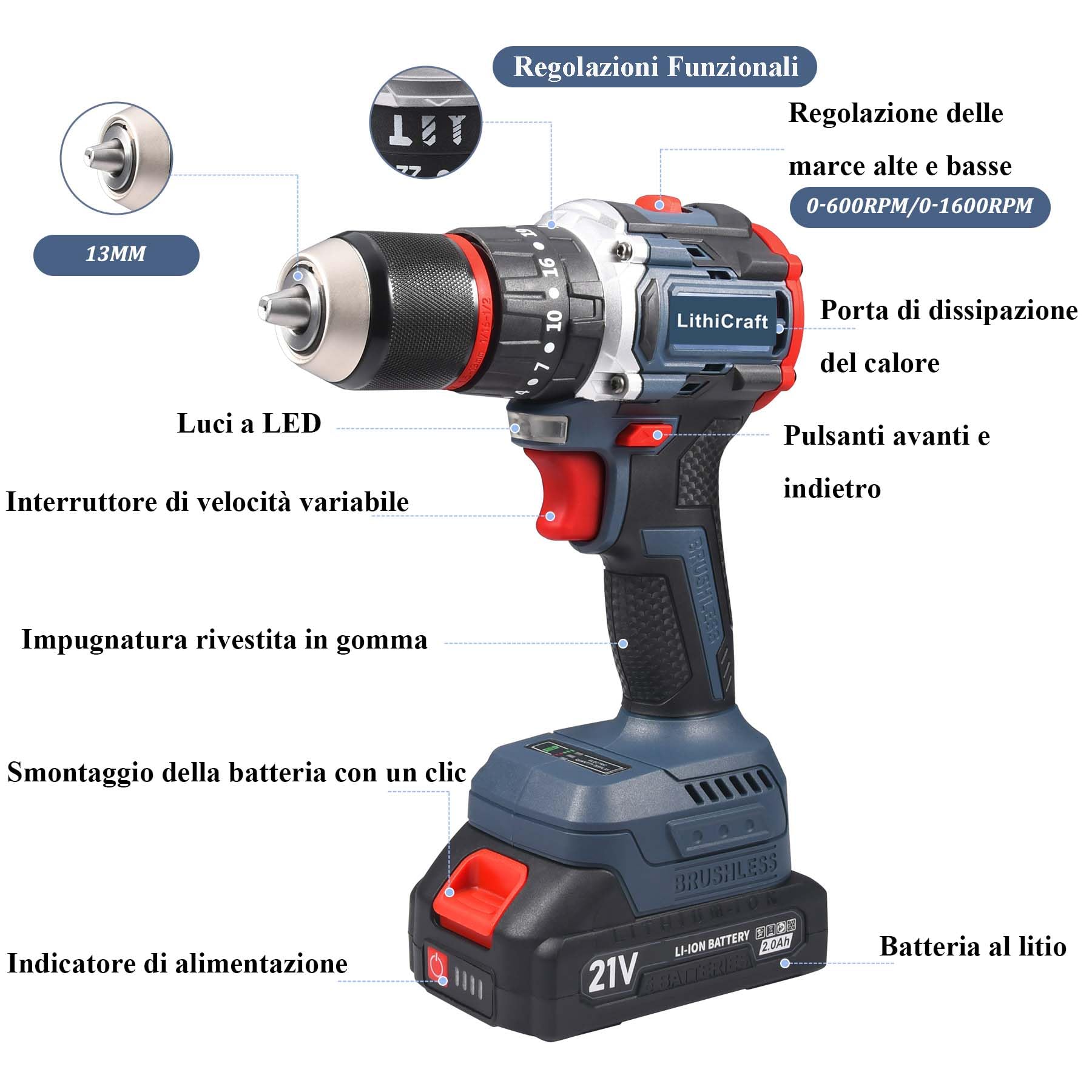 Trapano Avvitatore a Percussione Batteria 21V Motore Brushless, 55Nm, Mandrino in Metallo 13mm, 2 Batterie 2.0Ah, 35+3 Posizioni di Coppia, con Valigetta & 24 Accessori Professionali