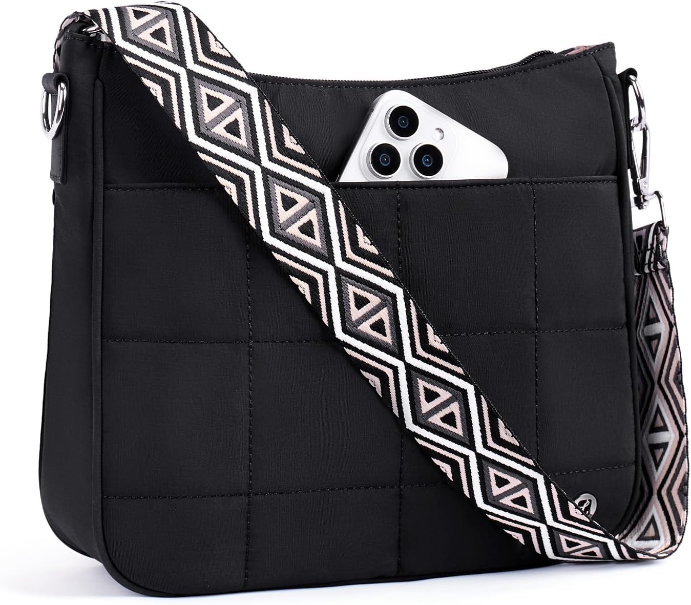 Anti Theft Crossbody Bags for Women,Quilted Puffer Travel Purses Shoulder Hobo Bag Handbag with Guitar Strap