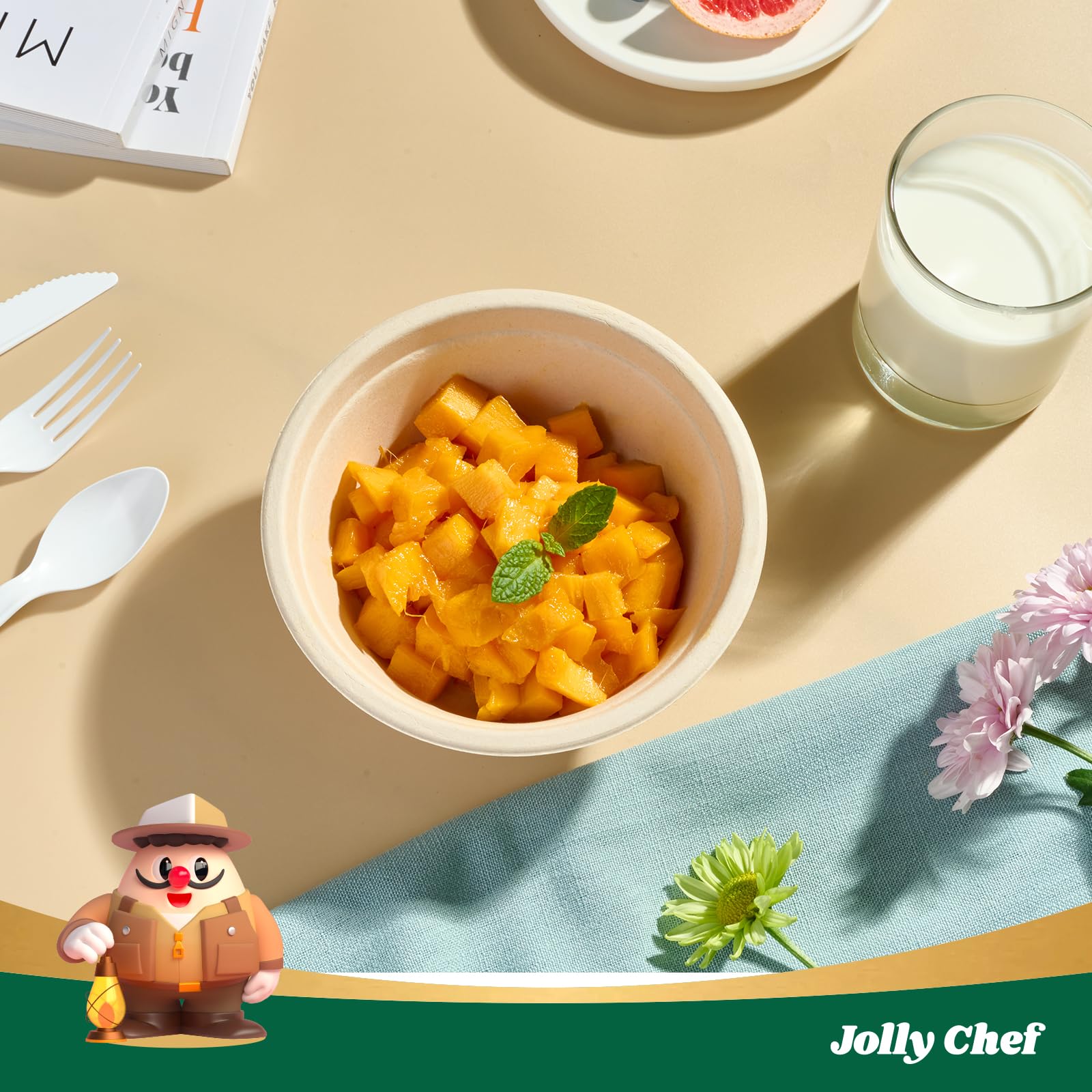 JOLLY CHEF Tazón de papel desechable compostable [16 onzas] recipientes de sopa resistentes [paquete de 150] Bagazo biodegradable, caliente y frío, ecológico, natural, caña de azúcar para microondas
