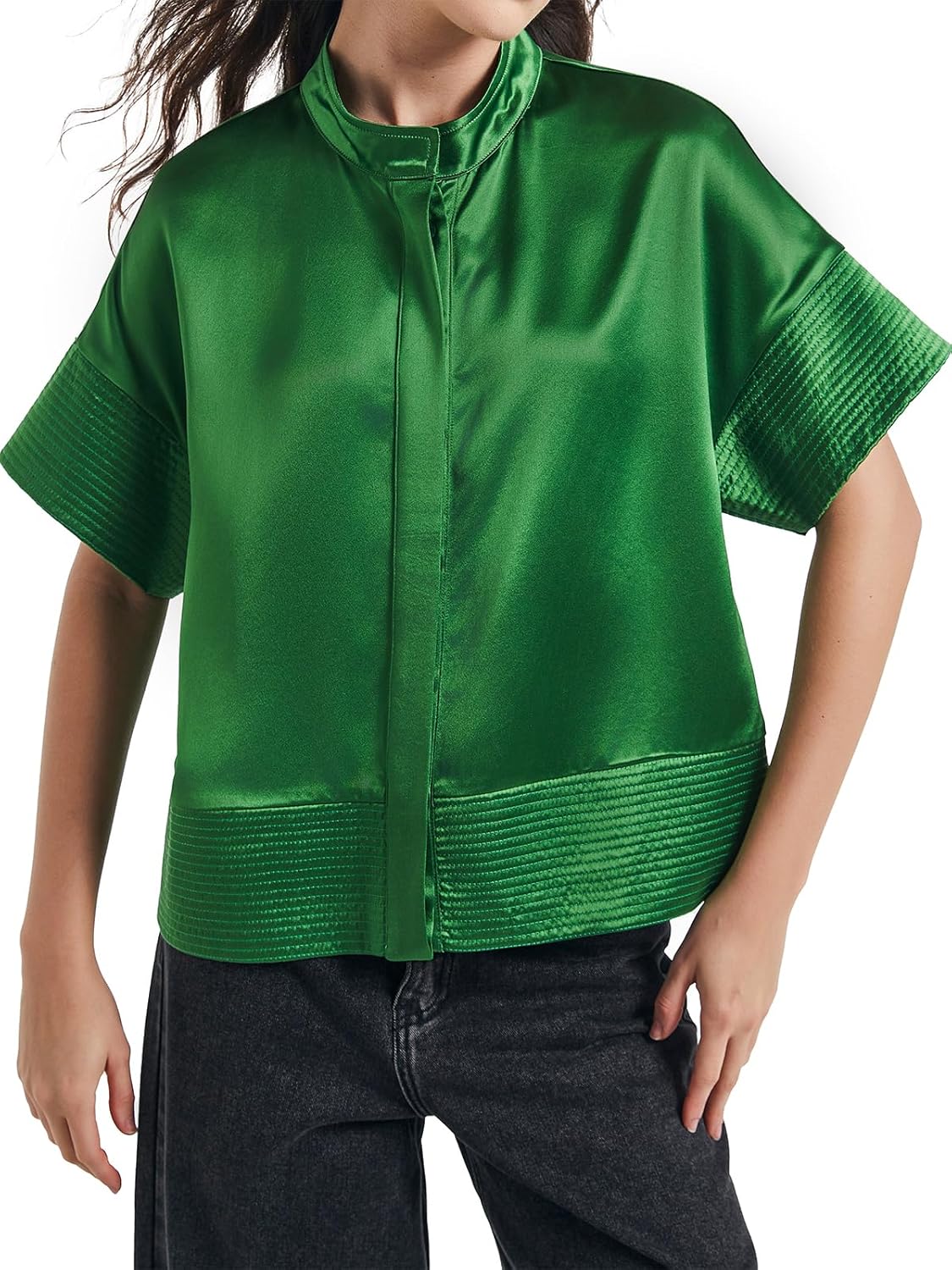 D-Sun Women's Casual Button Down Shirts Oversized Short Sleeve Stand Collar Tops Trendy Work Blouses