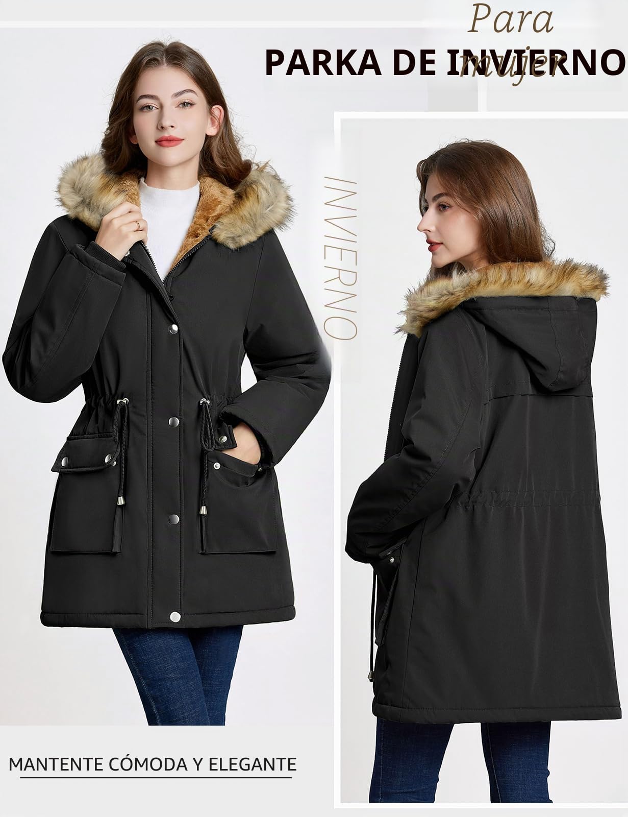 heekpek Abrigo Largo Mujer Invierno Impermeable Cálido Parka Mujer Cremallera Gruesa Forro Polar Chaqueta de Invierno Mujer con Bolsillos y Capucha