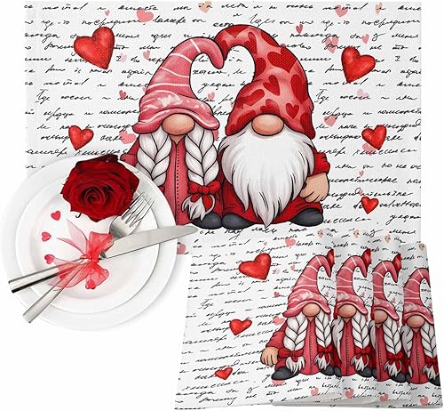 Vista 886 de Juego de 6 manteles individuales rojos para el día de San Valentín, diseño de corazón de San Valentín, resistentes al calor, lavables, manteles