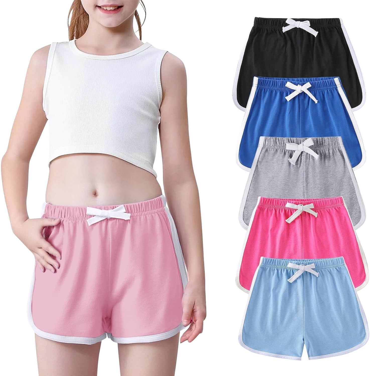 Girls 5 Pack Athletic Shorts Kids Soccer Basketball Volleyball Sports Shorts Gym Workout Drawstring Cotton SweatShorts