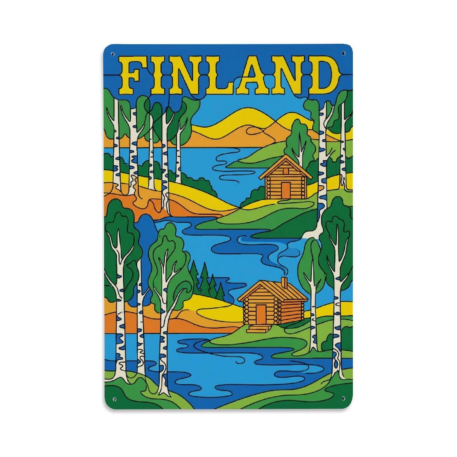Olhnbad Style Finland Birch Lake Line Art Travel Minimal Metal Tin Sign