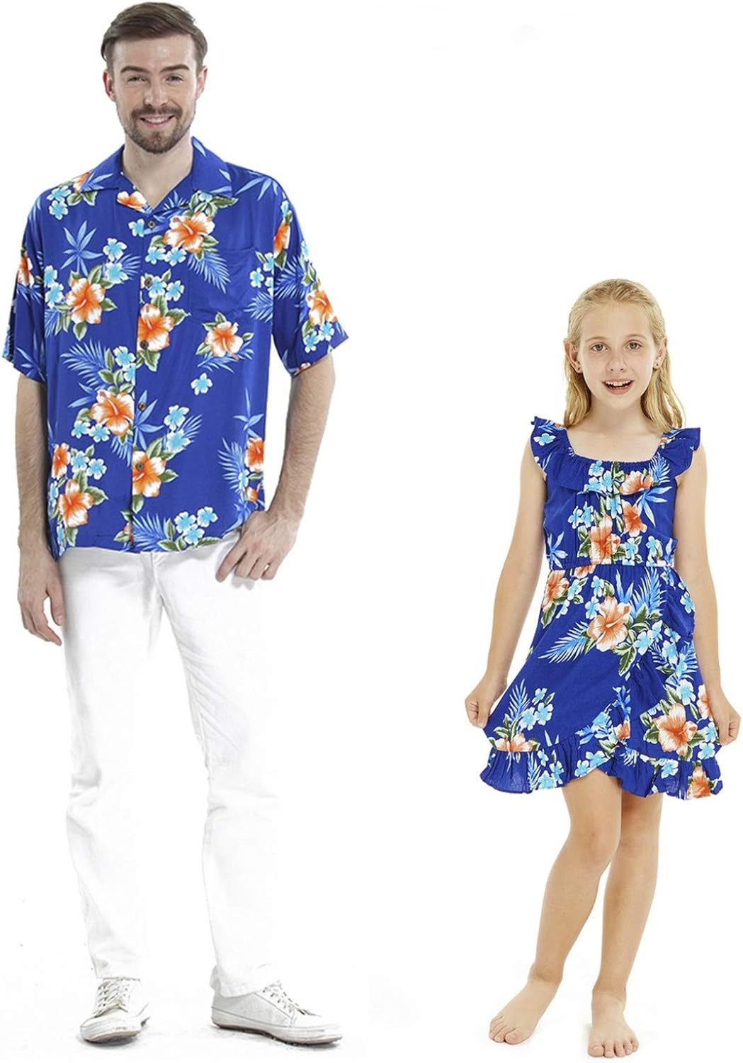 Matching Hawaiian Luau Outfit Men Shirt Girl Wrap Dress in Hibiscus