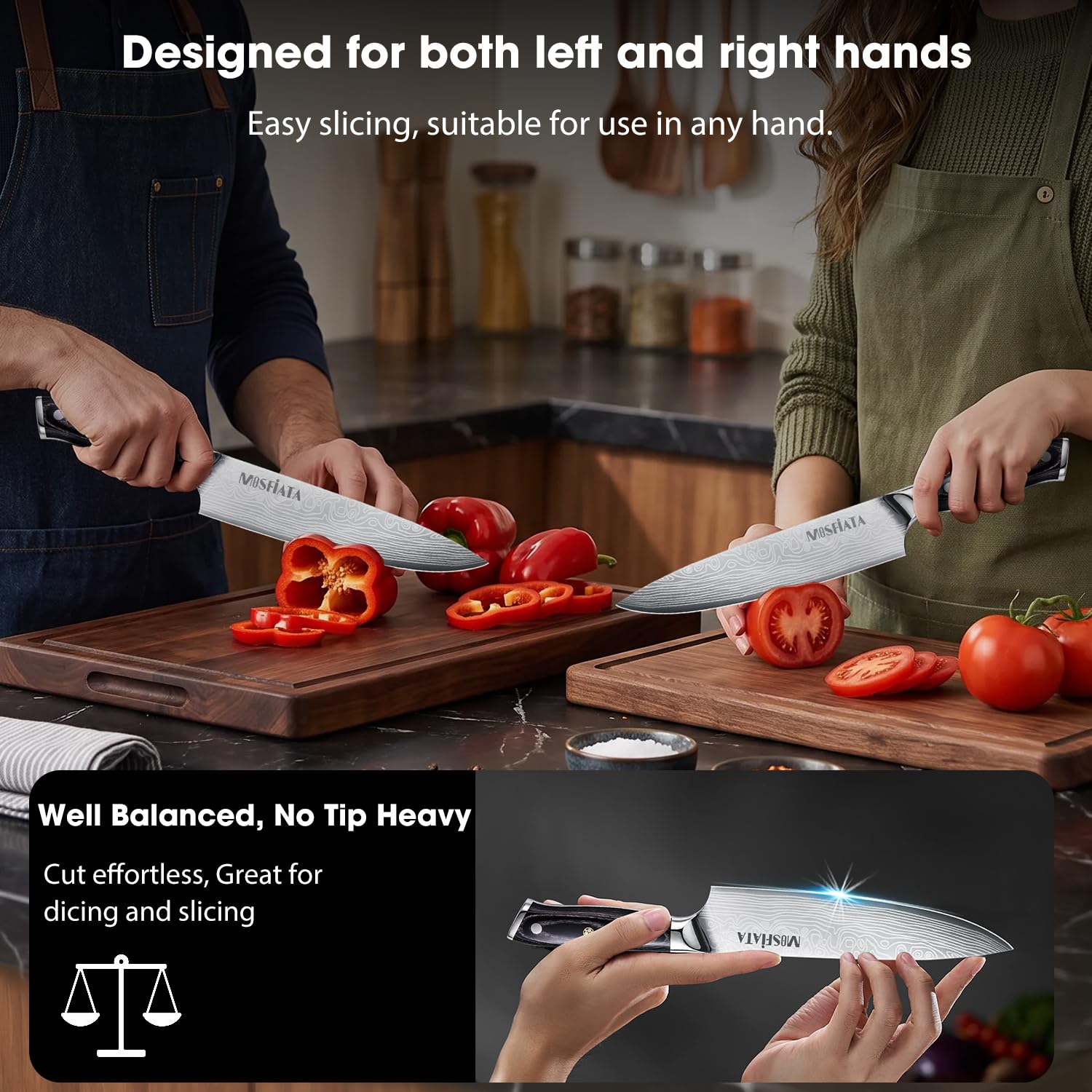 MOSFiATA 8" Super Sharp Professional Chef's Knife with Finger Guard and Knife Sharpener, German High Carbon Stainless Steel EN1.4116 with Micarta Handle and Gift Box — Amazon image 4